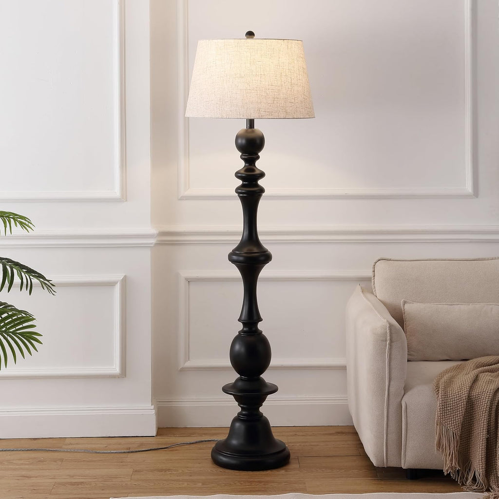 JONATHAN Y 67' Black Resin Candlestick Floor Lamp Farmhouse Rustic Traditional Standing Lamp for Living Room with Beige Linen Empire Shade LED Bulb Included JYL3000B