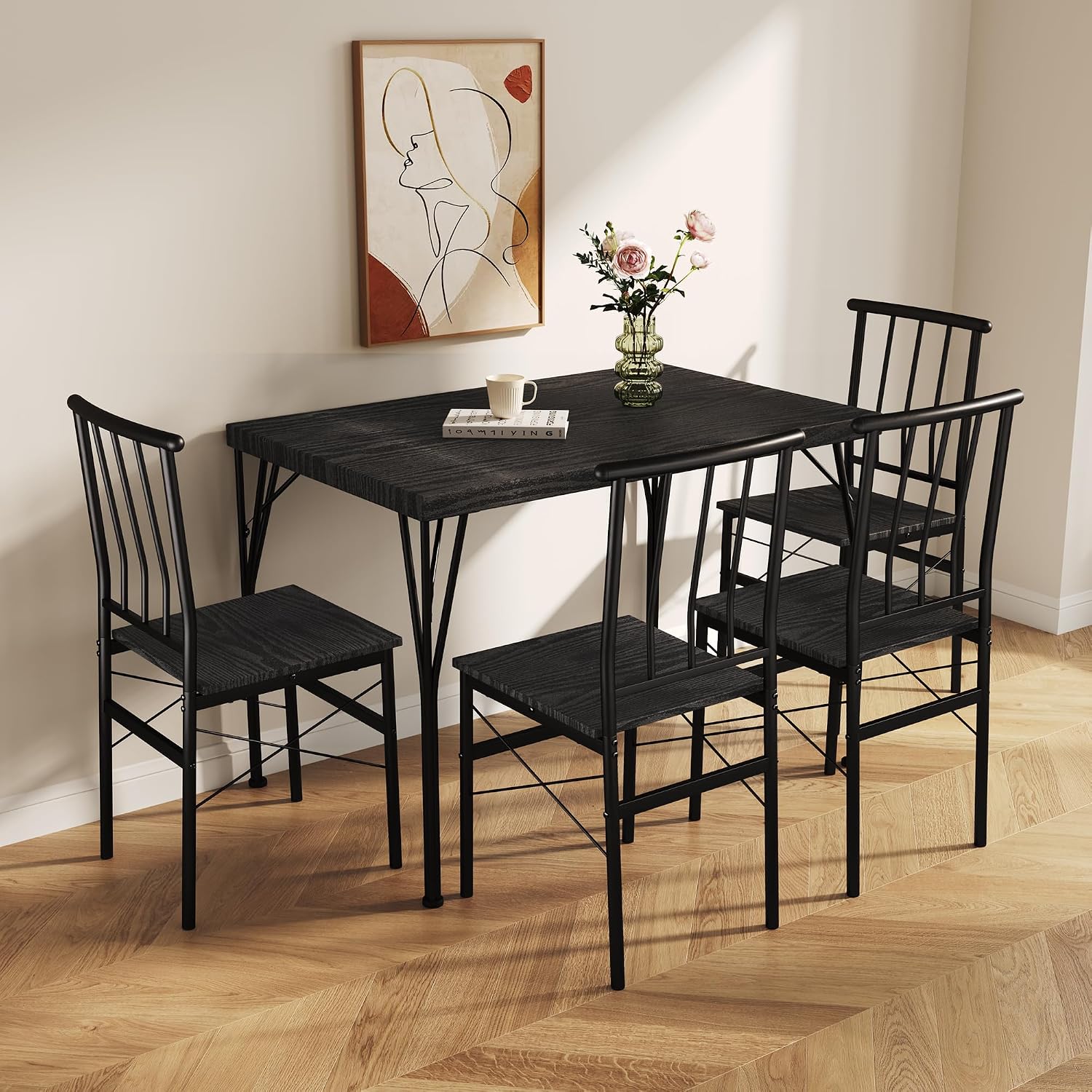 Dining Table Set for 4 with 1.6' Thick Tabletop, 5-Piece Kitchen Table Set, Space-Saving Rectangular Dining Room Kitchen Table Chair Set for Small Space,Dinette,Apartment,Rustic Black