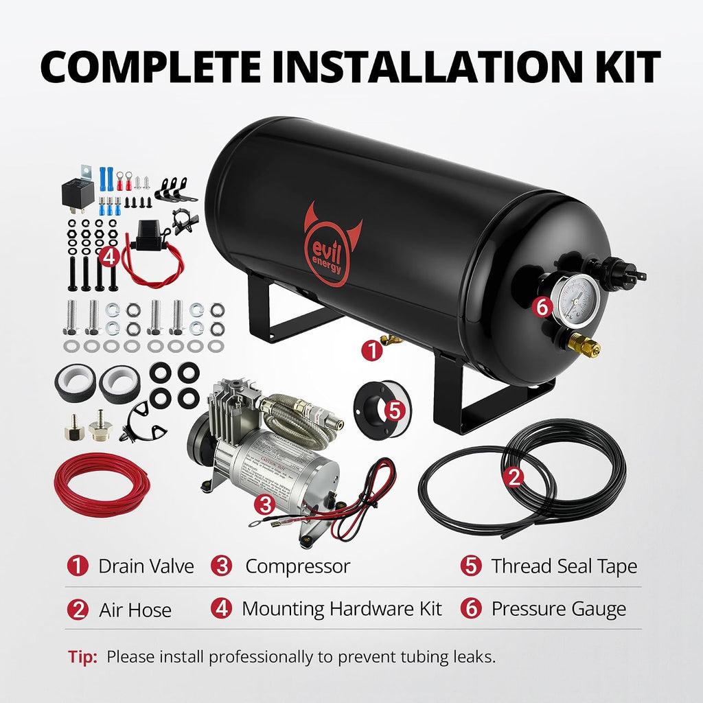EVIL ENERGY 2 Gallon Air Tank and Compressor Kit 6 Ports 1/4' NPT 150PSI Rated 12V Compressor Air Tank for Air Horn, Inflating Tires, Car, Truck, Suspension Systems, Train Horn, DIY Pneumatic Tools