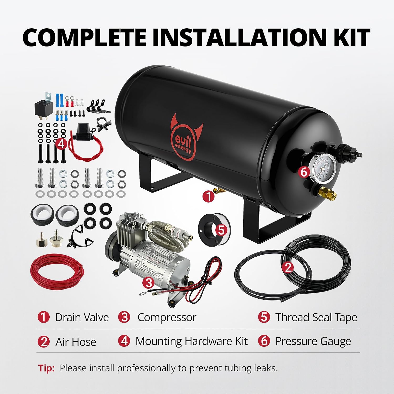 EVIL ENERGY 2 Gallon Air Tank and Compressor Kit 6 Ports 1/4' NPT 150PSI Rated 12V Compressor Air Tank for Air Horn, Inflating Tires, Car, Truck, Suspension Systems, Train Horn, DIY Pneumatic Tools