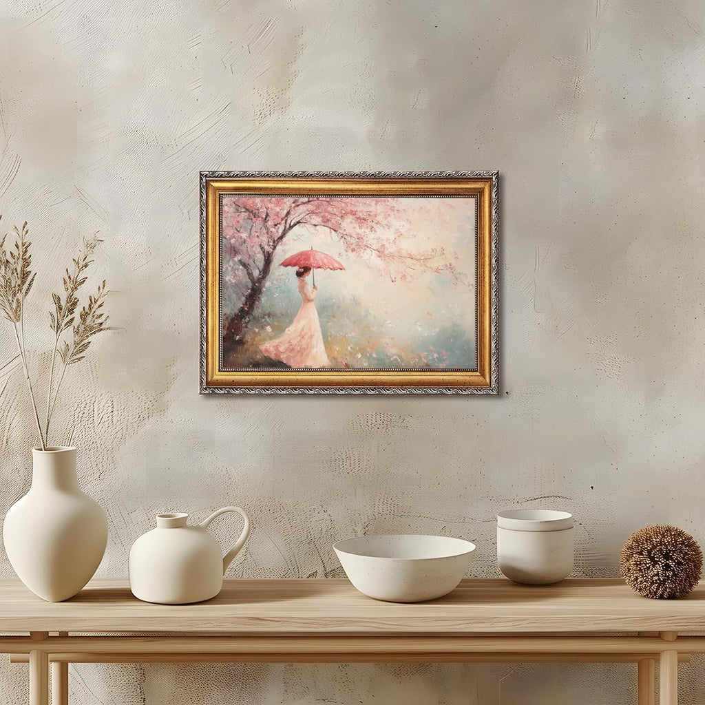 Large Framed Pink Cherry Blossom Tree Girl Oil Painting Wall Art Romantic Woman with Umbrella Canvas Print Spring Floral Japanese-Inspired Decor Vintage Artwork for Living Room Bedroom 24x36inch