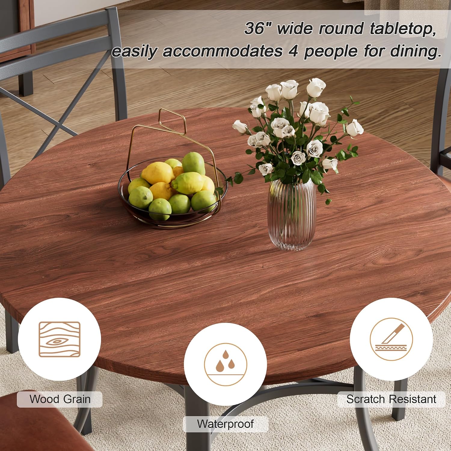 VECELO 5 Piece Dining Table Set for 4 with Chairs, Wood Grain Tabletop, Small Space, Kitchen, Breakfast Nook, Brown