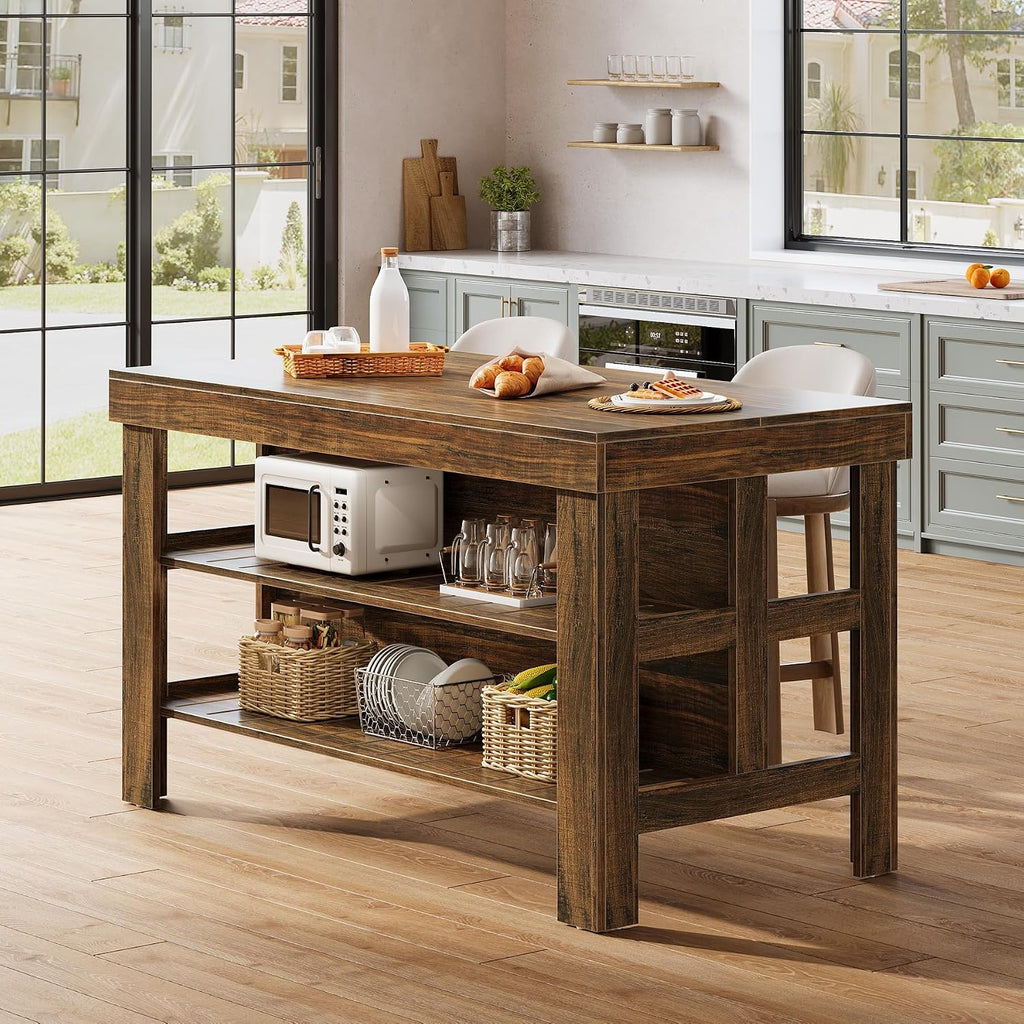 Tribesigns Kitchen Island with Seating and Storage Shelves, 55.1-Inch Breakfast Counter Farmhouse Island Table for Kitchen Dining Room (Deep Brown)