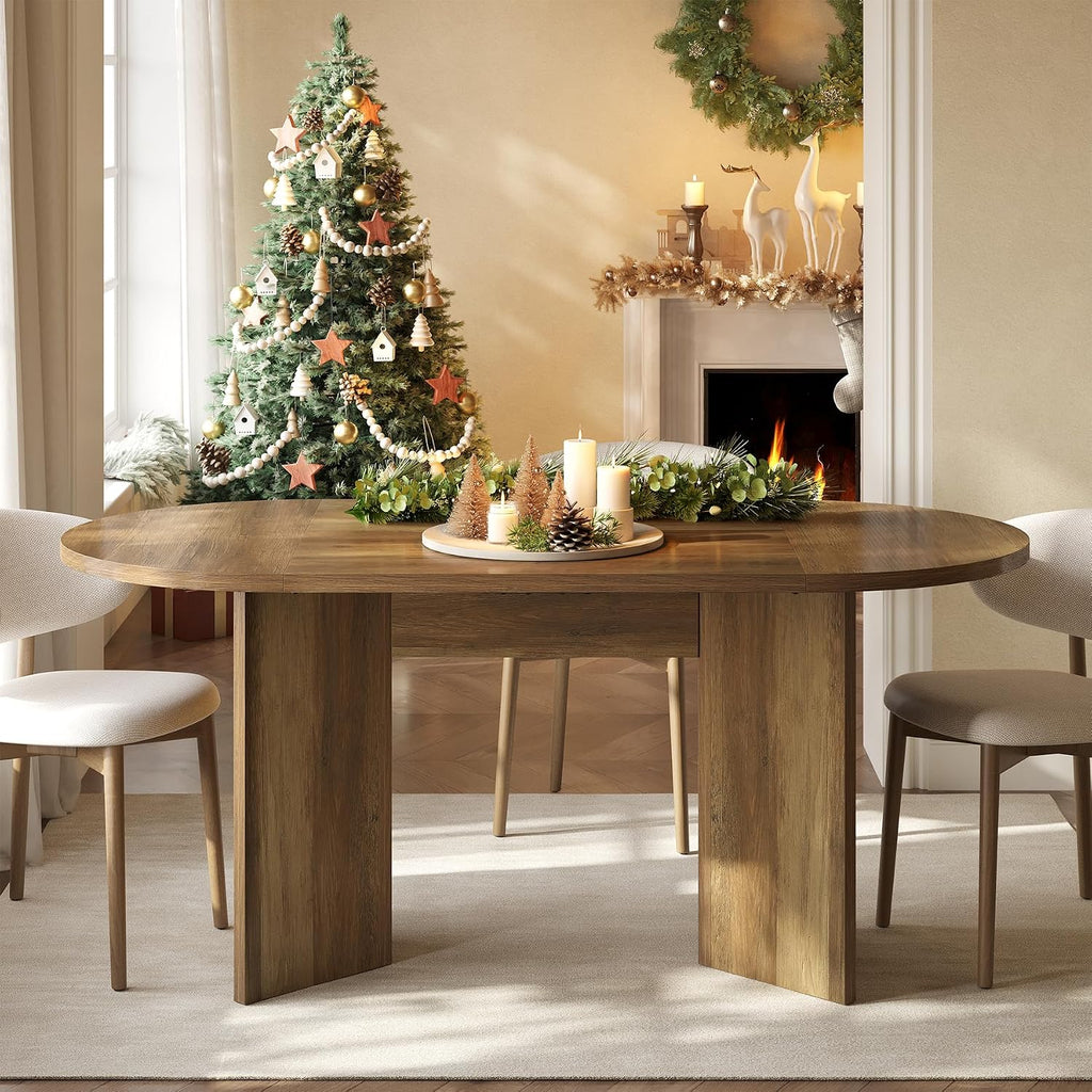 LITTLE TREE 63' Rustic Oval Dining Table for 2-4, Sturdy MDF Farmhouse Kitchen Table with Metal Strip Base, for Living Room, Office, Restaurant, Multi-Use, Umber