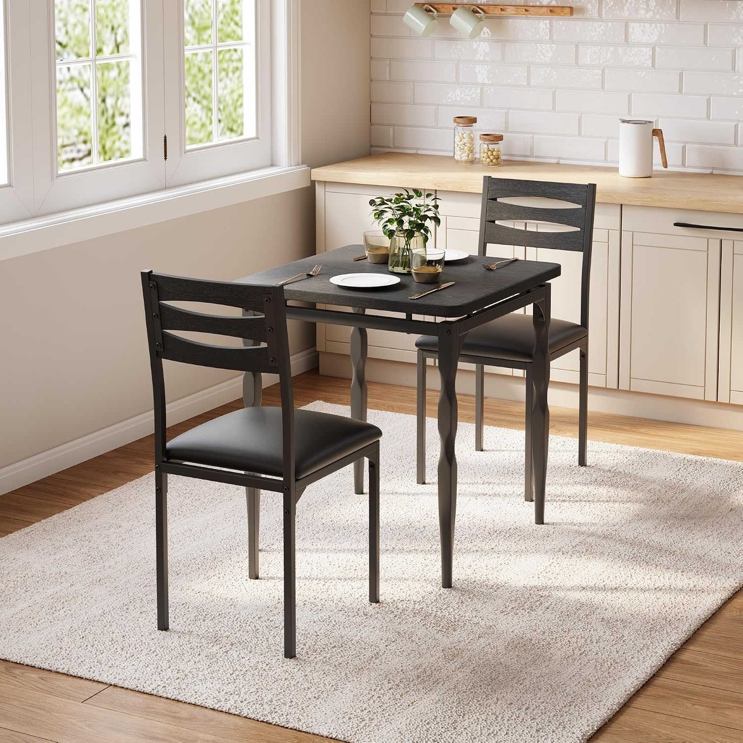 Garvee 3 Piece Dining Table Set, Farmhouse Style Dining Table and Chairs Set for 2, Dining Set for Dining Room Kitchen Apartment, Black