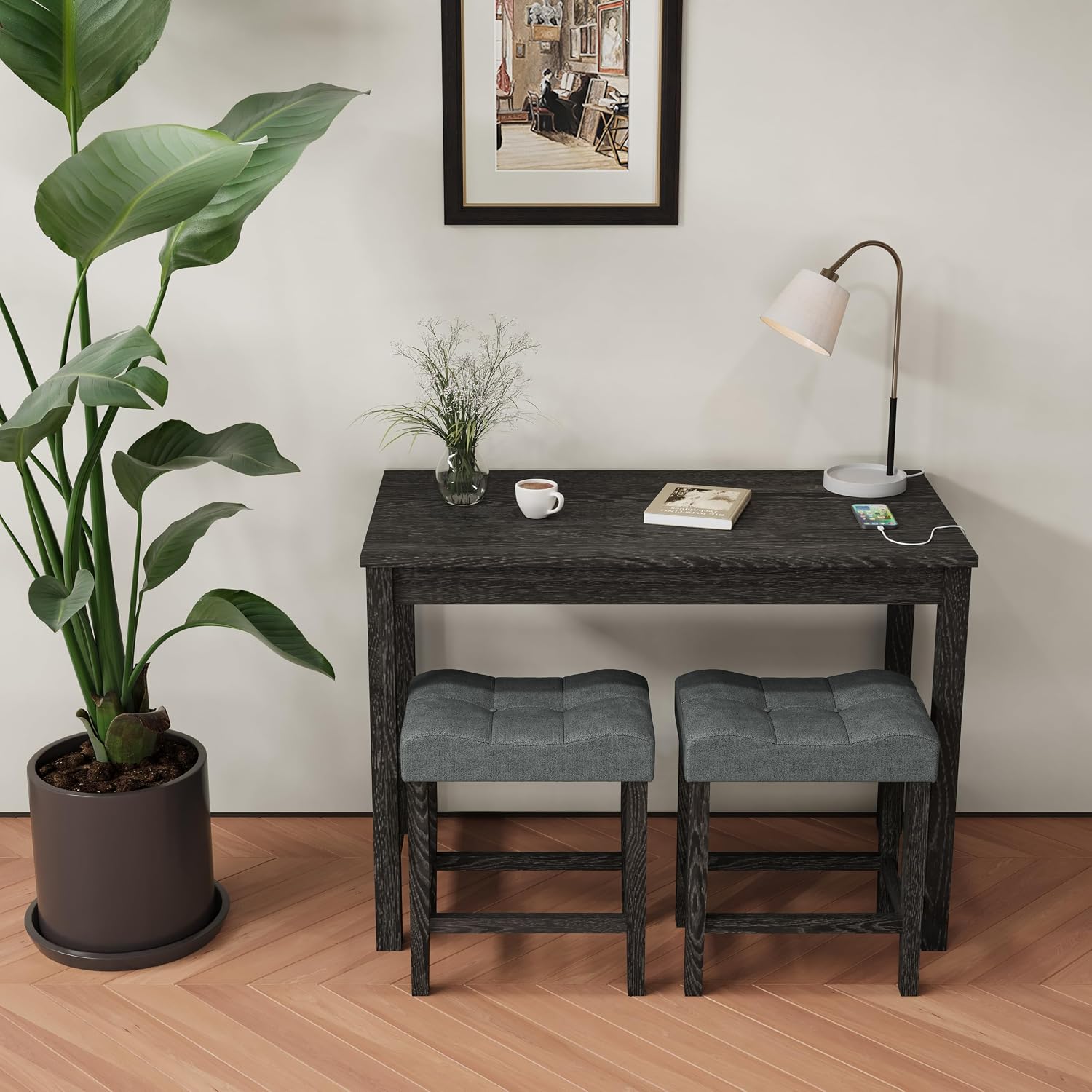 allamazing 3-Piece Counter Height Bar Table Set with Socket and 2 Fabric Padded Bar Stools, Tall Kitchen Breakfast Dining Table Set with Stools (1+2 Black)