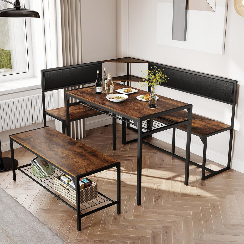 Zevemomo Kitchen Breakfast Nook Table Set for 4-6, Corner Dining Table Set with Charging Port, L-Shaped Corner Kitchen Table with Storage & Bench, Farmhouse Dining Table Set for Small Space, Brown