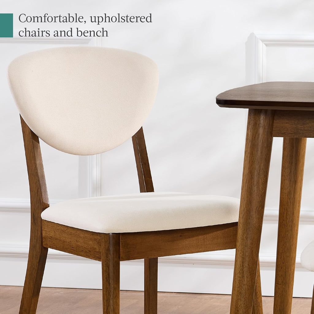 Best Choice Products 4-Piece Mid-Century Modern Wood Dining Kitchen Table & Chair Set w/ 2 Upholstered Chairs, Bench Seat - Walnut/Cream