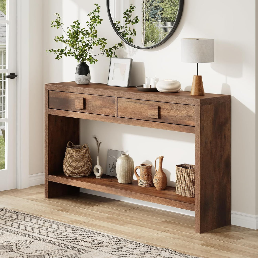 ONBRILL Console Table with Drawers, 55 Inch Narrow Entryway Table with Open Storage Shelves, Mid Century Modern Hallway Accent Tables Behind Couch Table for Living Room (Vintage Brown)