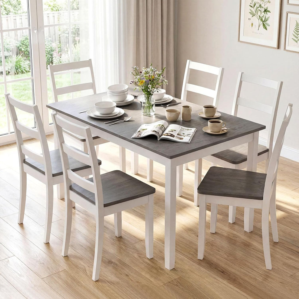 Tangkula Dining Table Set for 6, Solid Wood, Farmhouse Dinette Set w/Rubber Wood Legs, Mid-Century Modern, Compact Dining Table and Chairs Set for Kitchen, Dining Room (Grey)