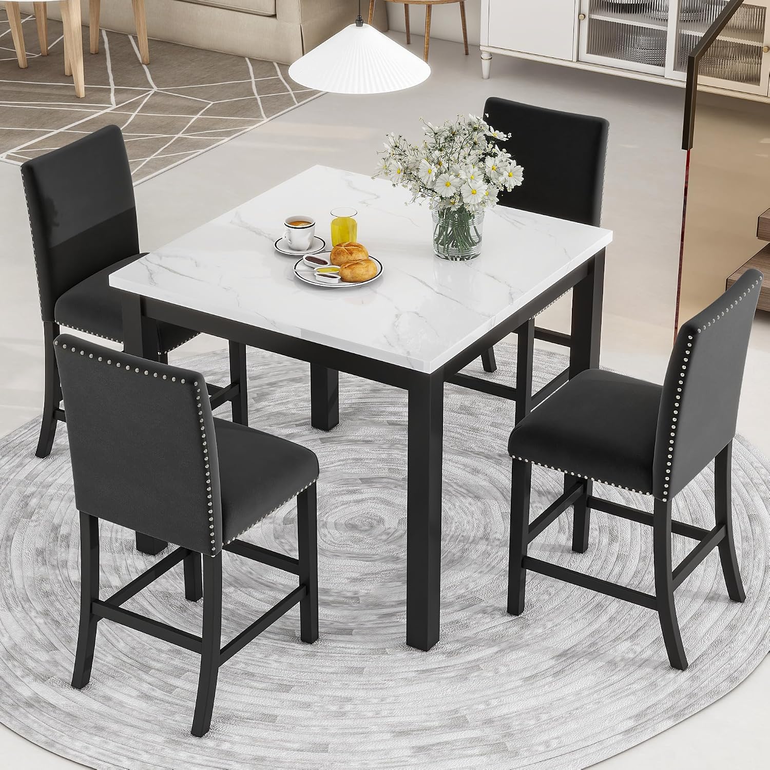 Merax Dining Table Set for 4, Counter Height Kitchen Table with Faux Marble Dining Table and 4 Upholstered-Seat Chairs, 5 Piece Dining Room Set, Black