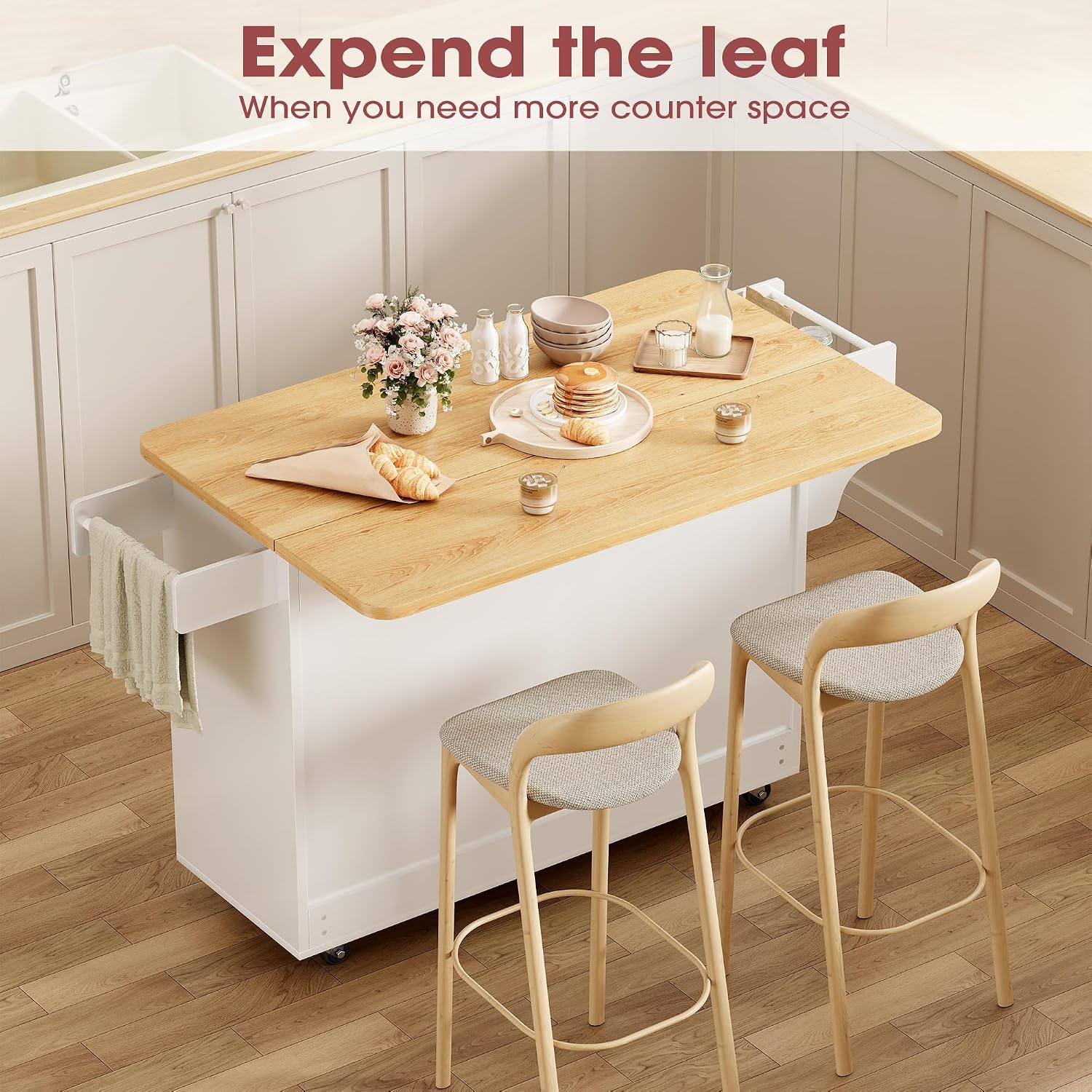 GRUSIGN Kitchen Island with Storage, 41.7' Rolling Cart with Drop Leaf, Portable Island Table on Wheels, Spice Rack, Towel Rack and Drawer, White, 41.7' L x 29.5' W