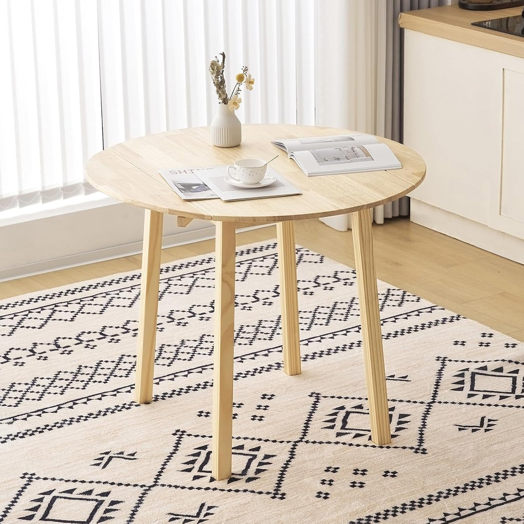 VINGLI 35' Solid Wood Folding Dining Table, Drop Leaf Kichen Dining Room Desk for Small Spaces, Small Kitchen, Expandable Folding Round Table for Home, Apartment,Office, Light Oak