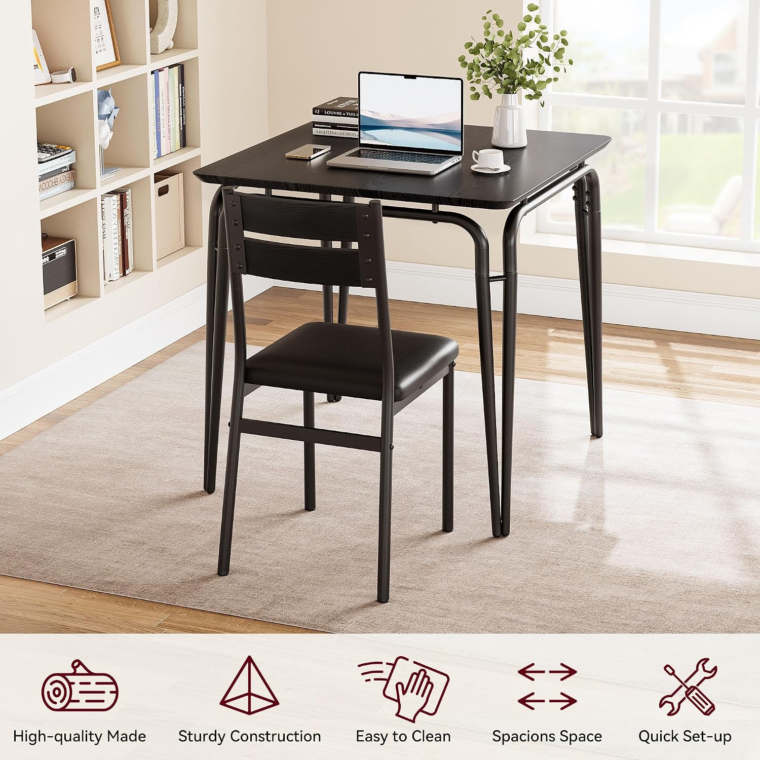 GarveeHome Dining Table for 2, Small Table and Chairs Set of 2, Square Dinette Set for 2, 3 Piece Kitchen & Dining Room Sets for Small Space (Black, Table with 2 Upholstered Chairs)