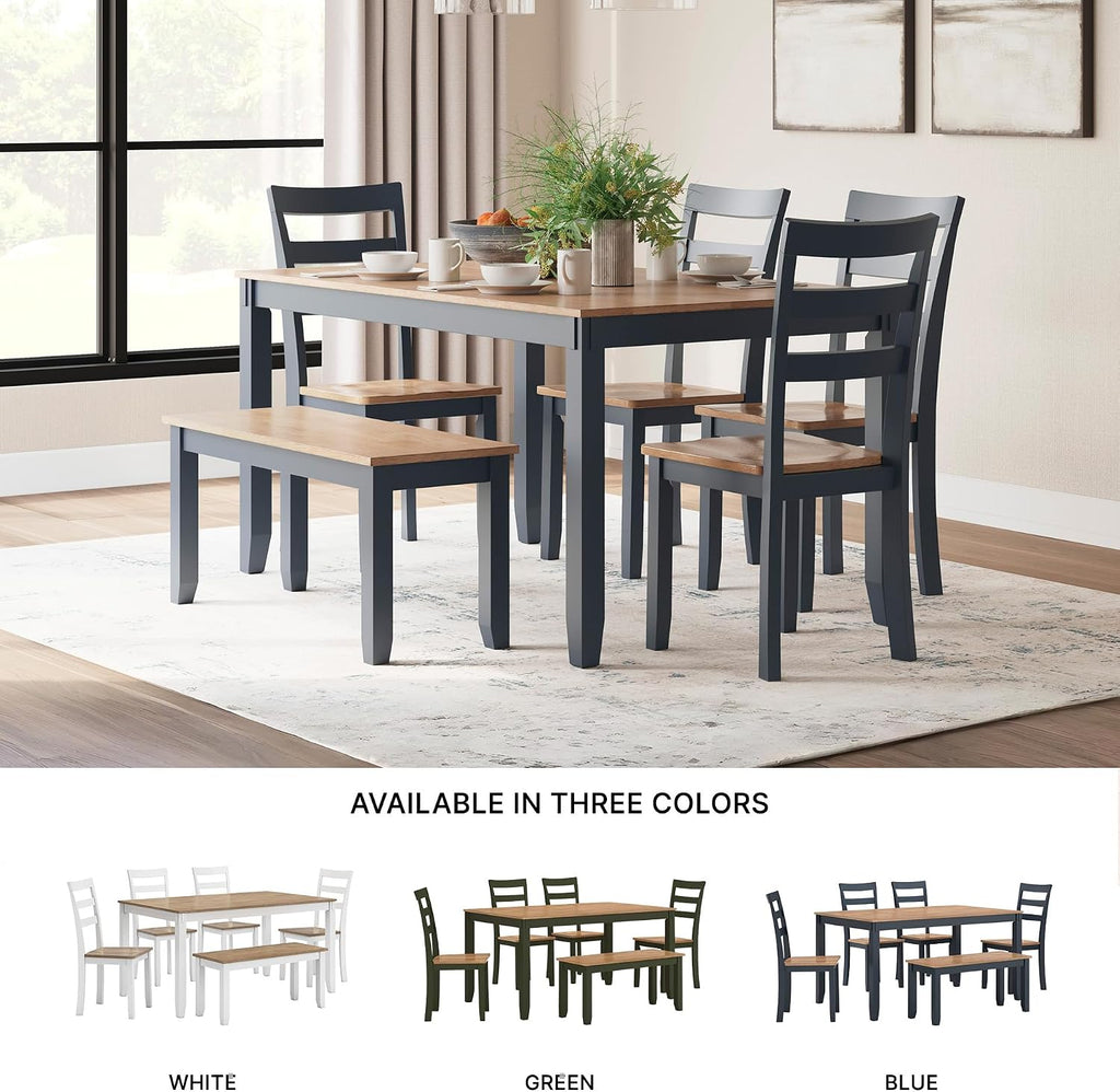 Signature Design by Ashley Gesthaven Casual Dining Room Table Set with 4 Chairs and Bench, Set of 6, Mango Wood, 30.25' Table Height, Blue & Light Brown