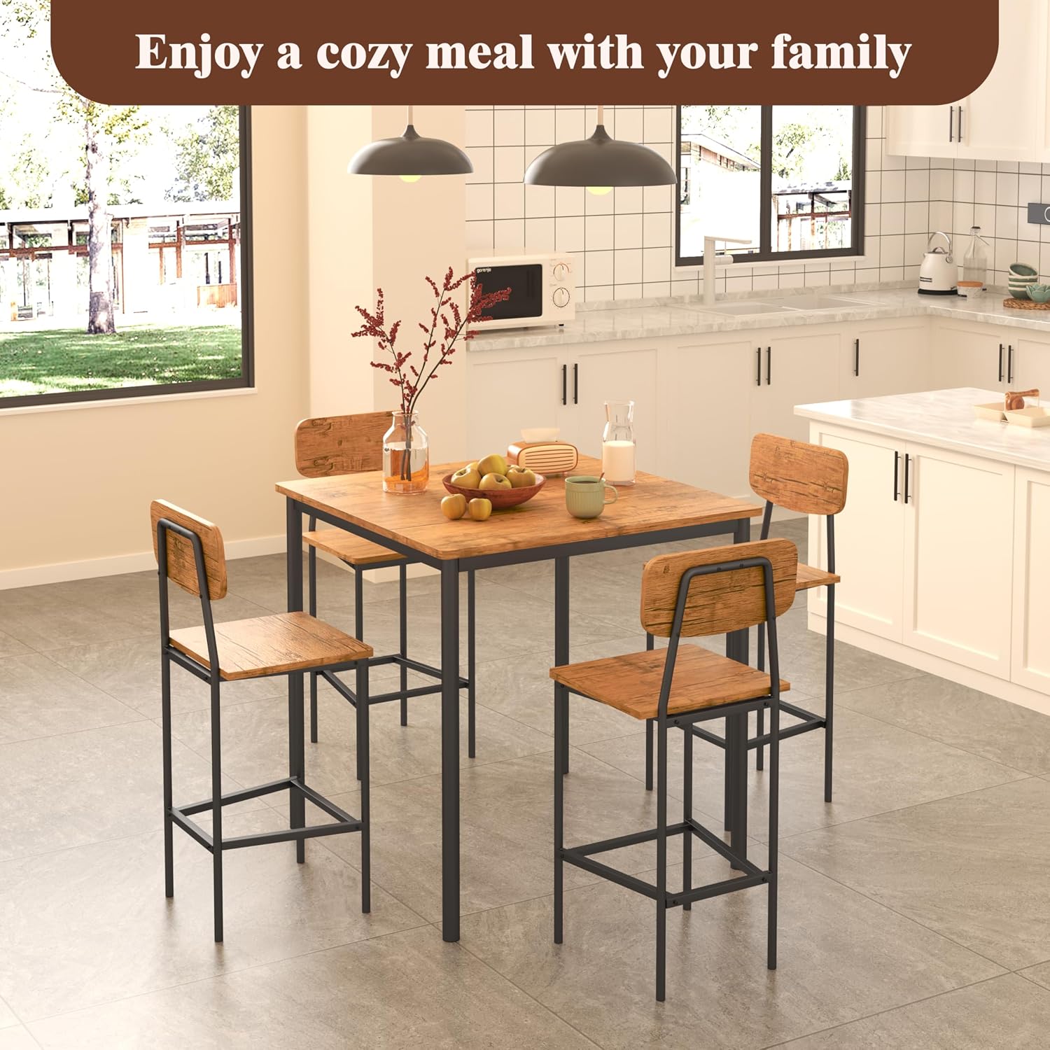Kitchen Table and Chairs of 4, 5 Piece Dining Table Set, Sturdy Industrial Space Saving Dinette Set for Pub, Family Dinners, Apartment, Brown