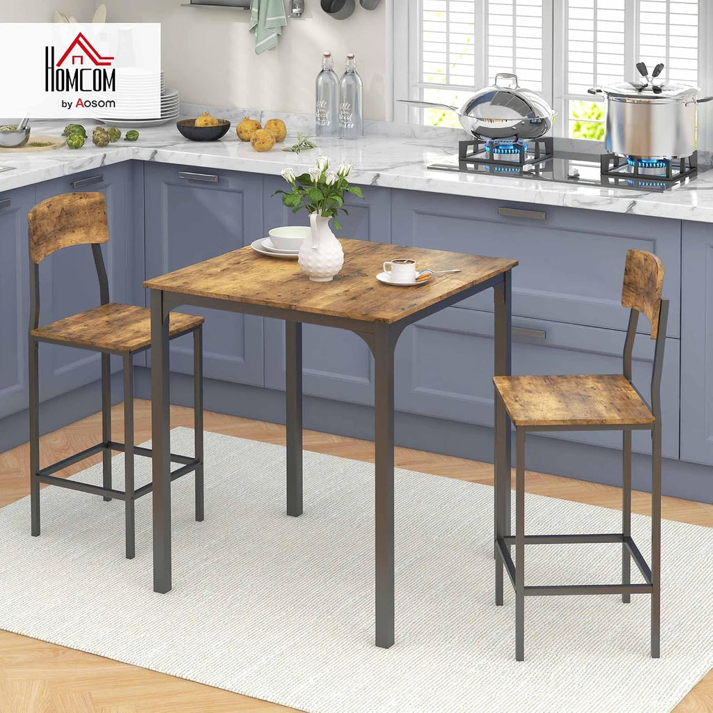 HOMCOM 3-Piece Counter Height Bar Table with Space-Saving Design, Square Kitchen Table and Chairs Set with Footrest, Metal Legs, Industrial Dining Table Set for 2, Rustic Brown and Black