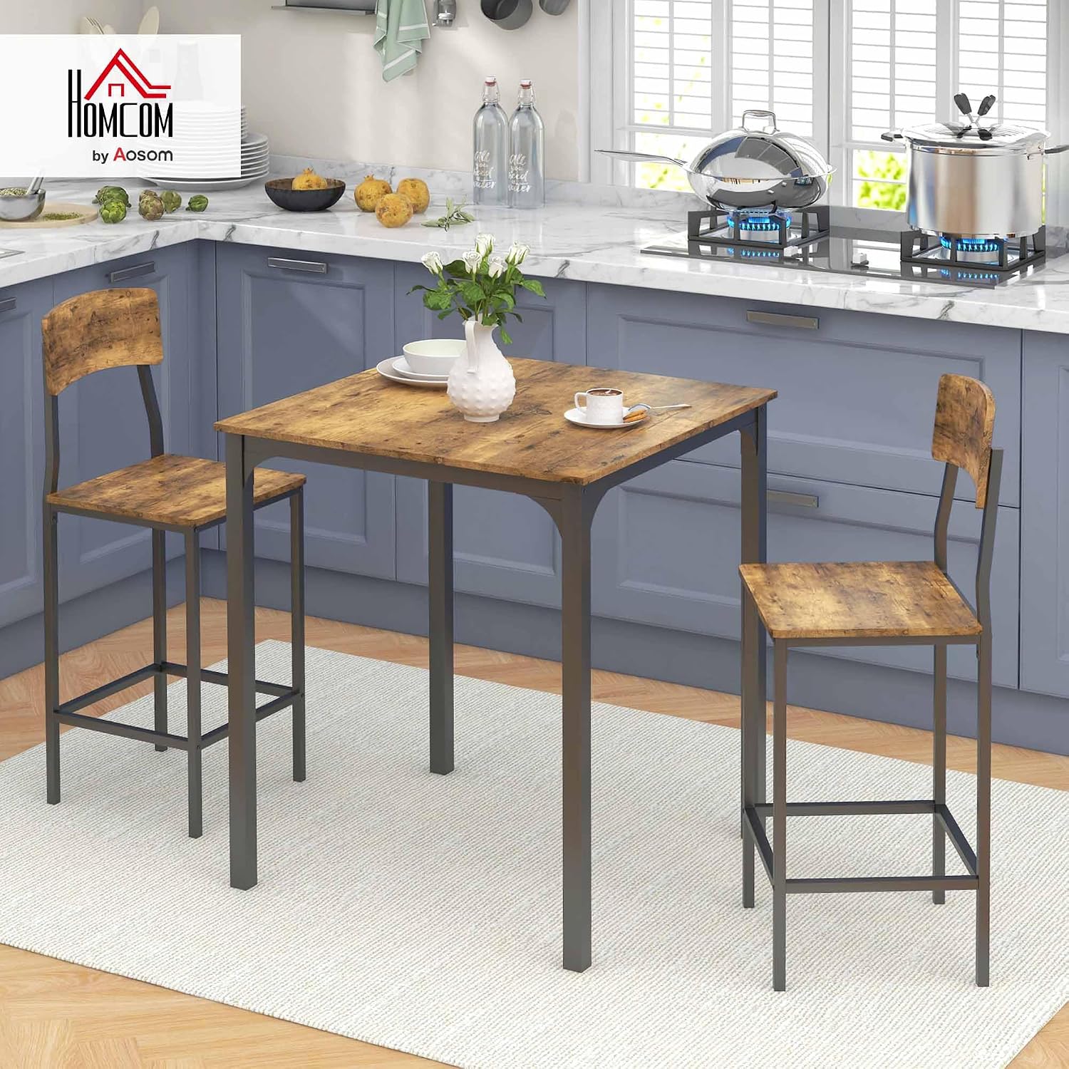 HOMCOM 3-Piece Counter Height Bar Table with Space-Saving Design, Square Kitchen Table and Chairs Set with Footrest, Metal Legs, Industrial Dining Table Set for 2, Rustic Brown and Black