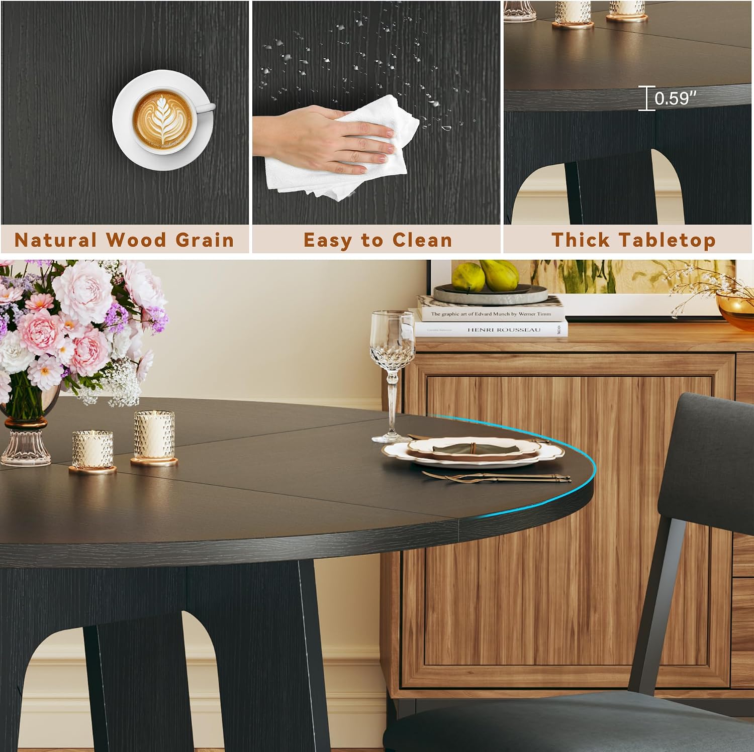 HUAHUU Round Dining Table Set for 6, 7-Piece Kitchen Table and Chairs for 6, 47'' Round Dining Room Table Set with 6 Chairs, Space Saving Dining Table with Wood Base for Kitchen, Living Room, Black