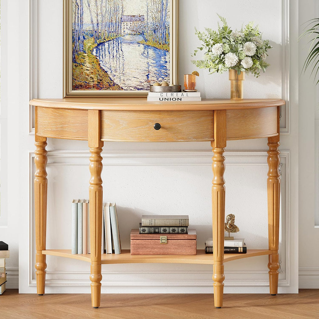LKTART Vintage Half Moon Console Table with Solid Pinewood Frame & Legs, Modern Entryway/Sofa Table for Living Room,Hallway,Foyer,Behind Couch (Natural 39')