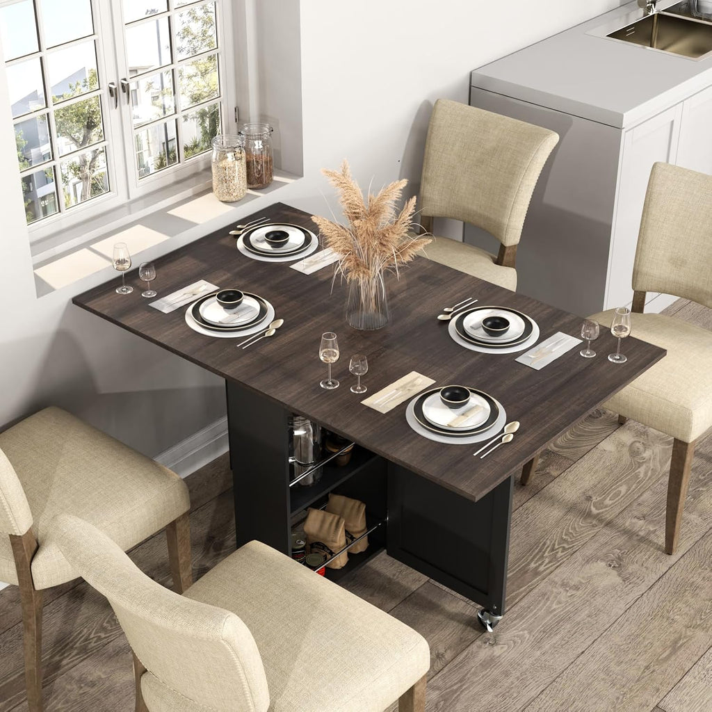 3imothrix Folding Dining Table, Small Dining Table, Space Saving Dining Table with 6 Wheels, Kitchen Table Sewing Table for Small Spaces (Black Dark Brown)