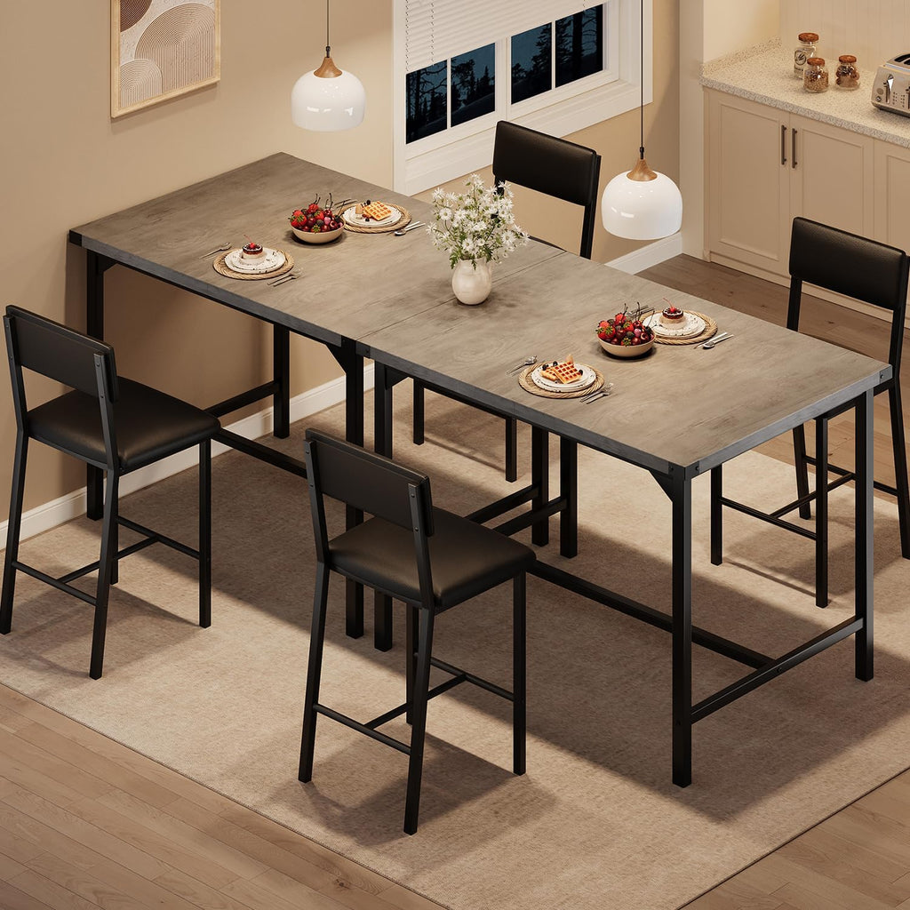 GarveeHome Dining Table Set for 2 w/Corner Protecto, Dining Room Table Set with Footrest & Backrest, Counter Height Table with 2 Upholstered Bar Stools, for Apartment, Pub, Rustic Gray
