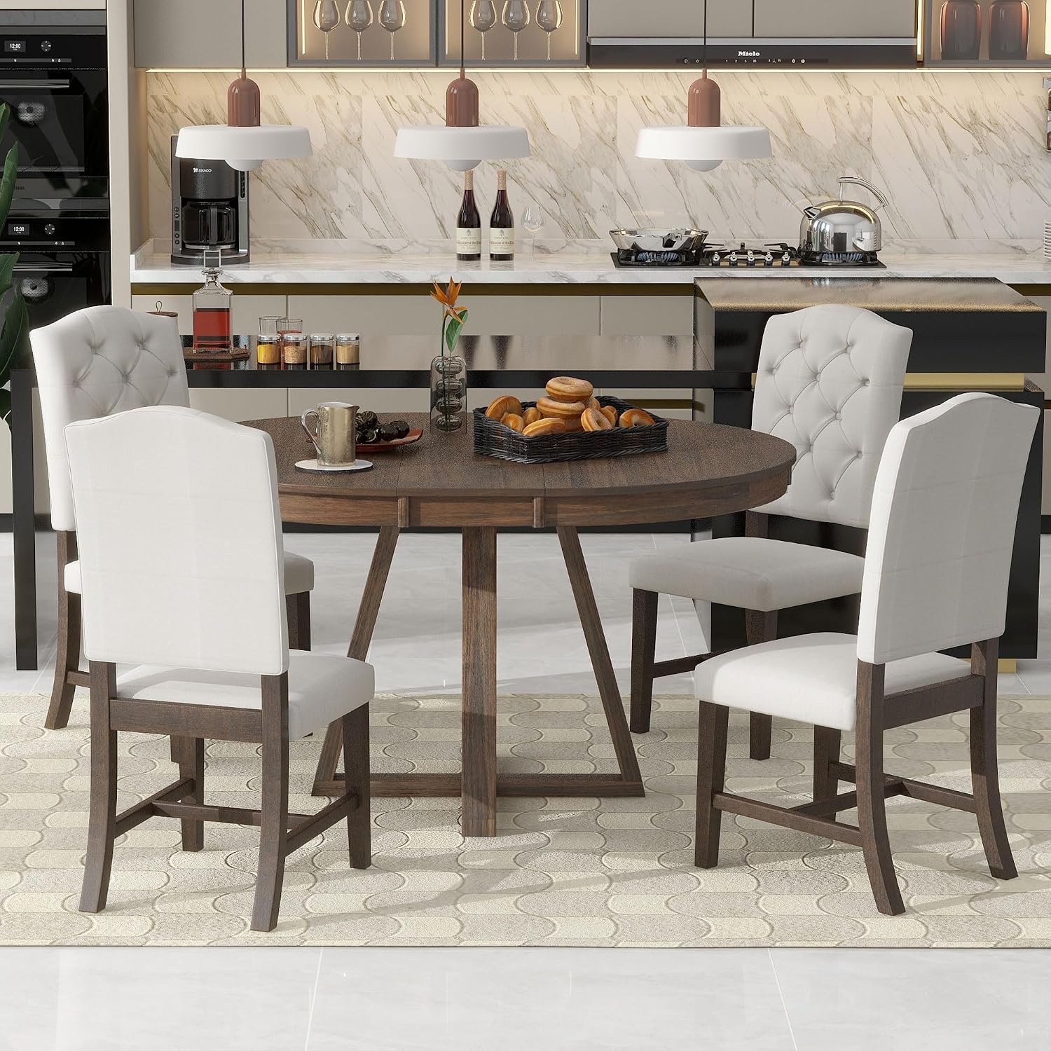 LUMISOL Round Dining Table Set for 4, Farmhouse Extendable Kitchen Table Set with 4 Upholstered Chairs, Solid Wood Table and Chairs Set for Kitchen, Dining Room, Living Room, Beige+Walnut