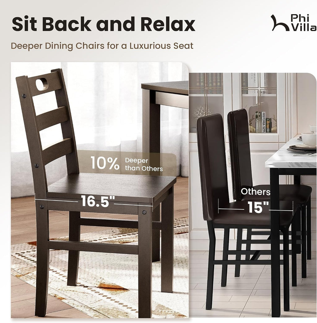 PHI VILLA Dining Table Set for 4, Solid Wood Farmhouse Kitchen Table Chairs Set of 4, 5 Piece Space-Saving Dining Room Table Set for Apartment, Dark Oak