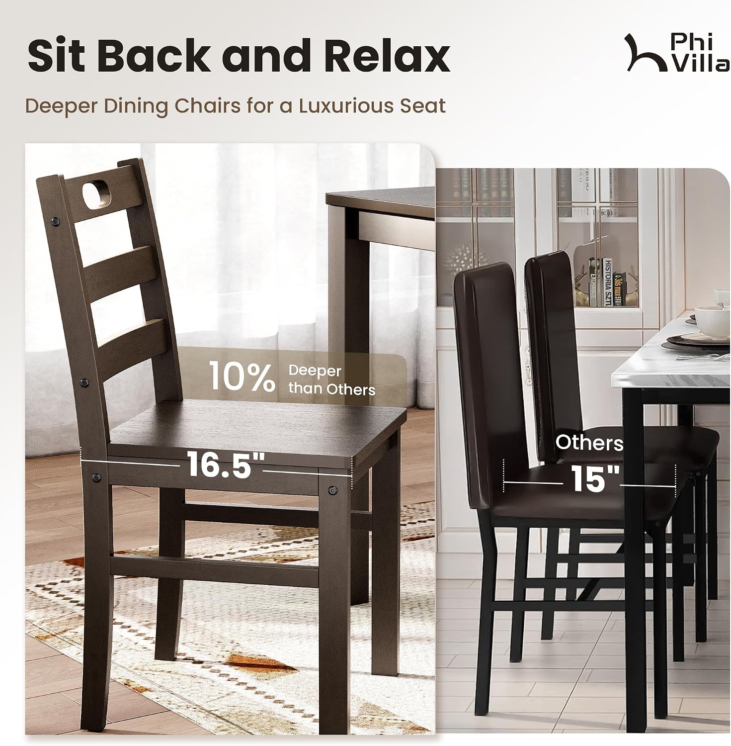 PHI VILLA Dining Table Set for 4, Solid Wood Farmhouse Kitchen Table Chairs Set of 4, 5 Piece Space-Saving Dining Room Table Set for Apartment, Dark Oak