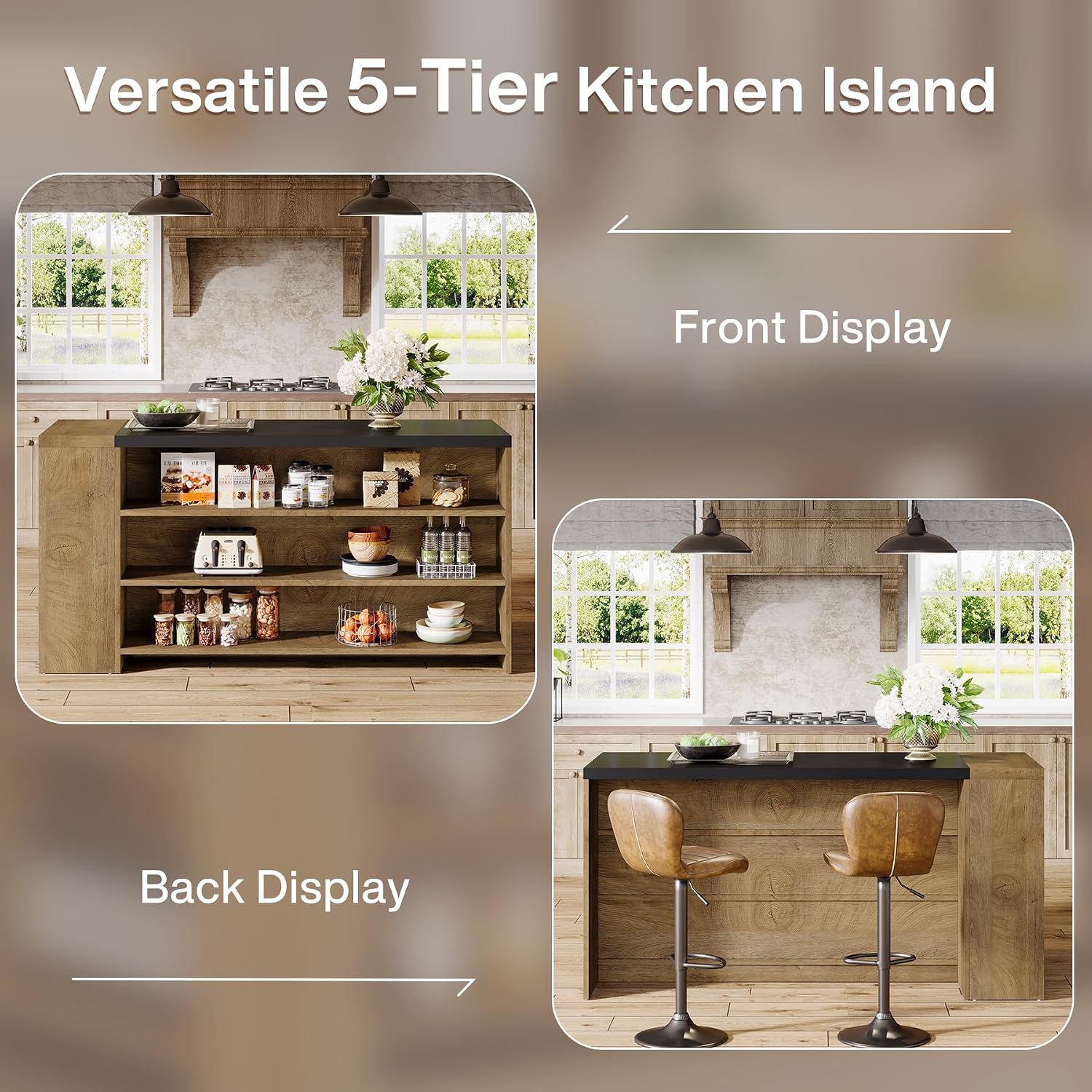 Tribesigns 55' Kitchen Island with Storage, Farmhouse 5-Tier Stationary Island Table with 5 Shelves, Wood Coffee Bar Table Storage Cabinet with Large Countertop for Kitchen, Vintage Brown
