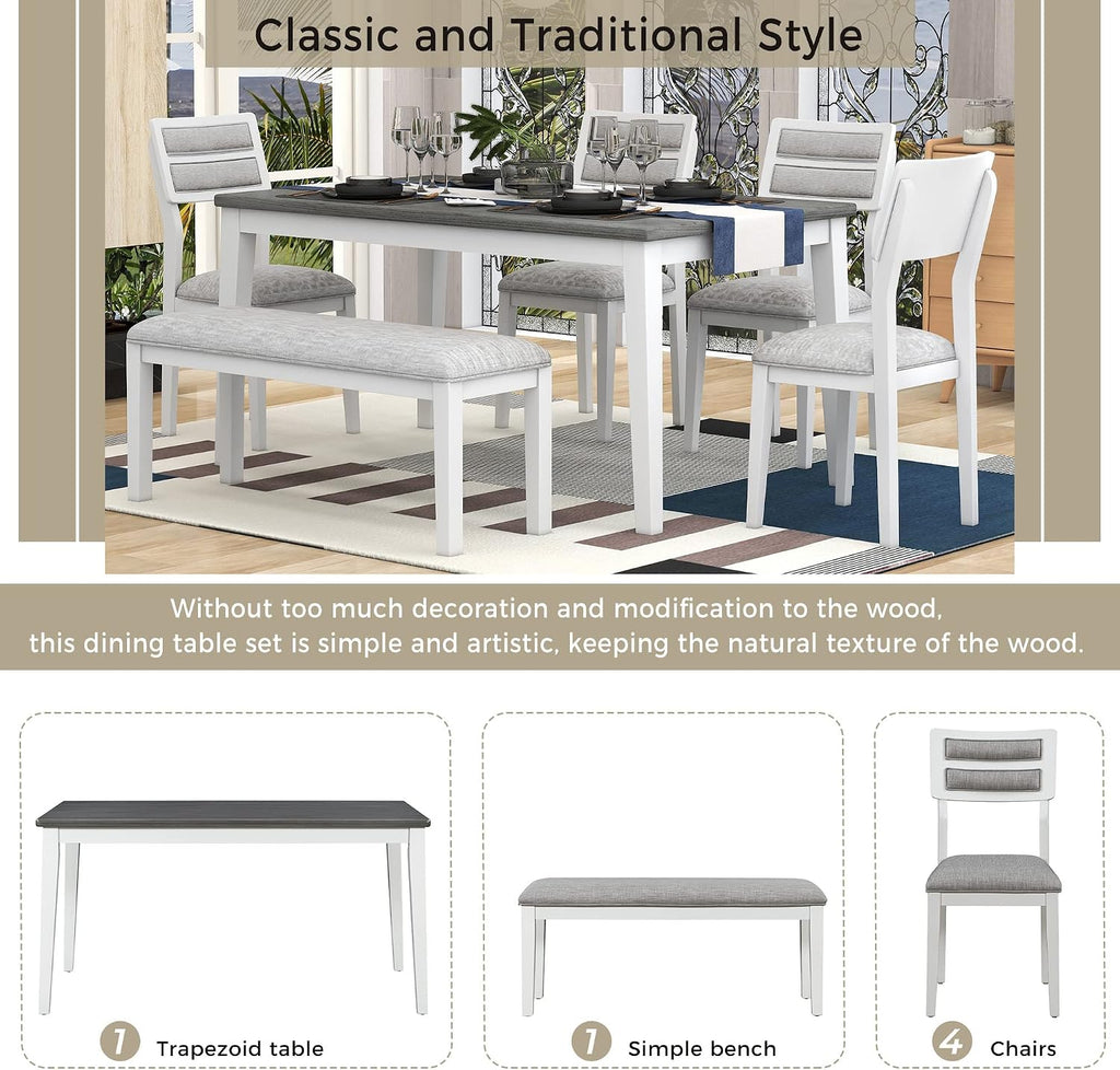 Merax 6-Piece Solid Wood Dining Table Set for 6, Farmhouse Kitchen Room Table Set with 1 Bench and 4 Upholstered Chairs, Wooden Legs Dining Set for Living Room, Kitchen - White+Gray