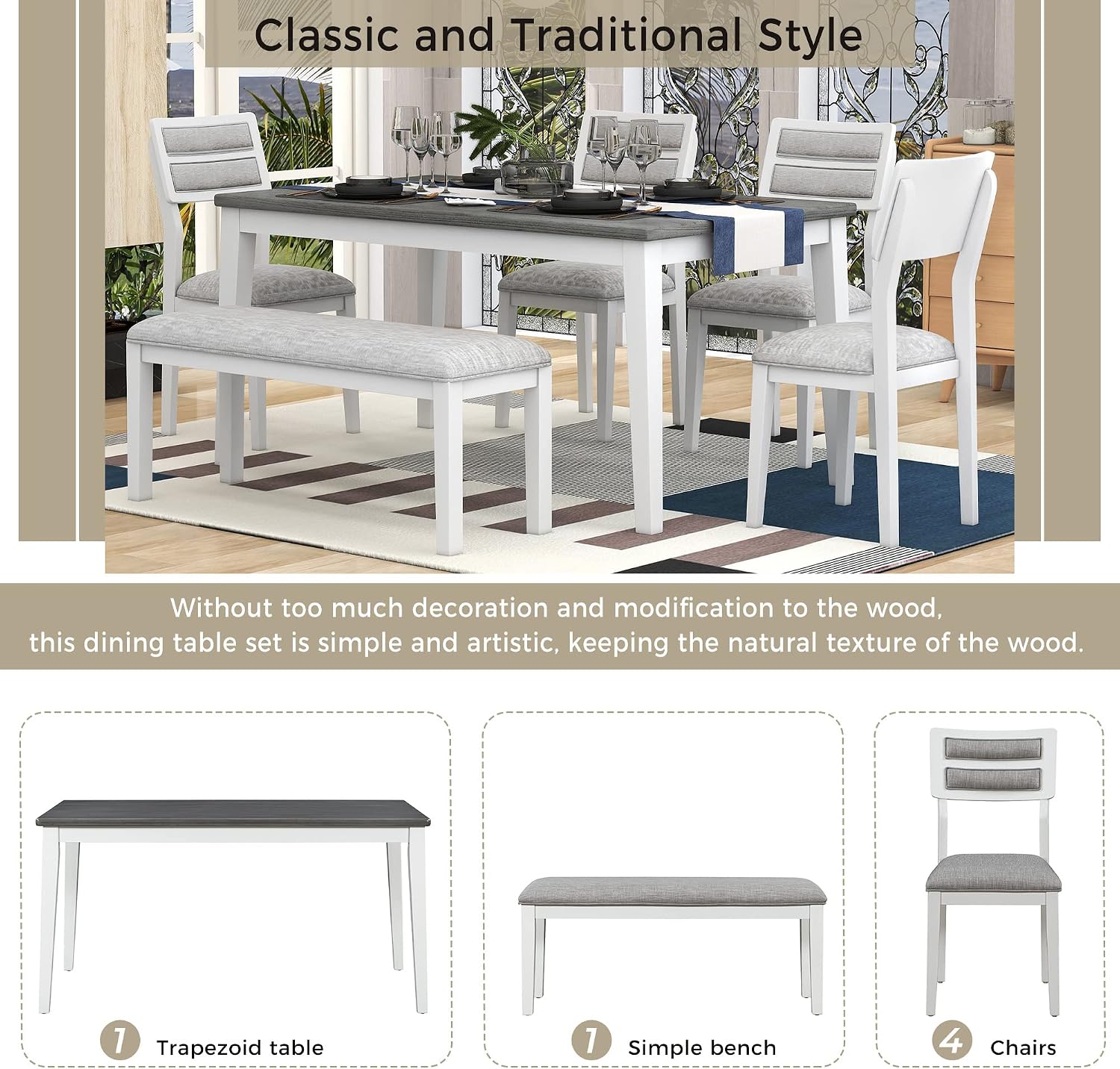 Merax 6-Piece Solid Wood Dining Table Set for 6, Farmhouse Kitchen Room Table Set with 1 Bench and 4 Upholstered Chairs, Wooden Legs Dining Set for Living Room, Kitchen - White+Gray