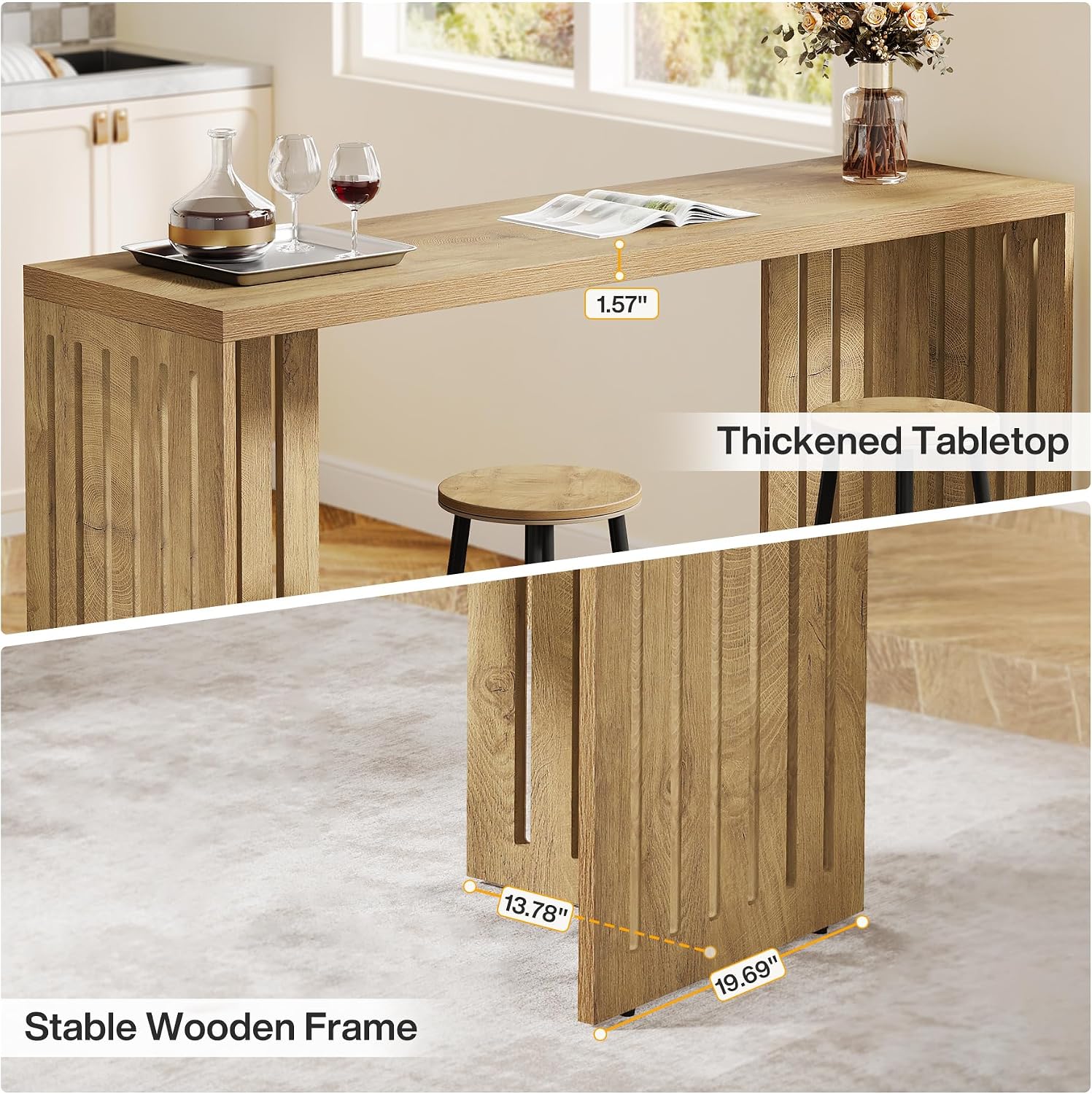 Tribesigns Bar Table, 63-Inch Counter Height Pub Table, Industrial Bar Height Table, Rectangular High Top Kitchen & Dining Counter Tables with Louvered Base for Narrow Space, Natural