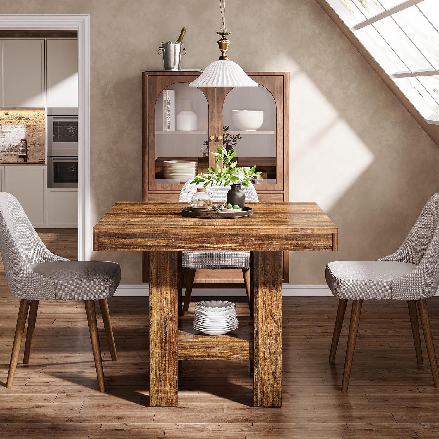 Tribesigns 31.5' Square Dining Table for 4, Small Kitchen Table with Shelf Storage, Compact Dining Room Furniture for Apartments, Offices, Living Rooms, Restaurants, Brown
