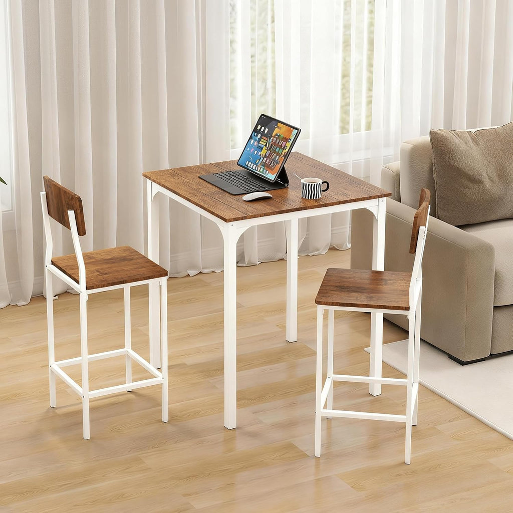 HOMCOM 3-Piece Counter Height Bar Table with Space-Saving Design, Square Kitchen Table and Chairs Set with Footrest, Metal Legs, Industrial Dining Table Set for 2, Walnut and White