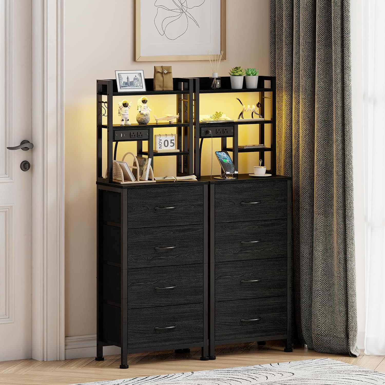 Furnulem Nightstands Set of 2, Tall Night Stand with Charger Station and USB Ports, 4 Fabric Drawers and Led Lights, Bed Side Table for Bedroom/Dorm/Office, Black Oak