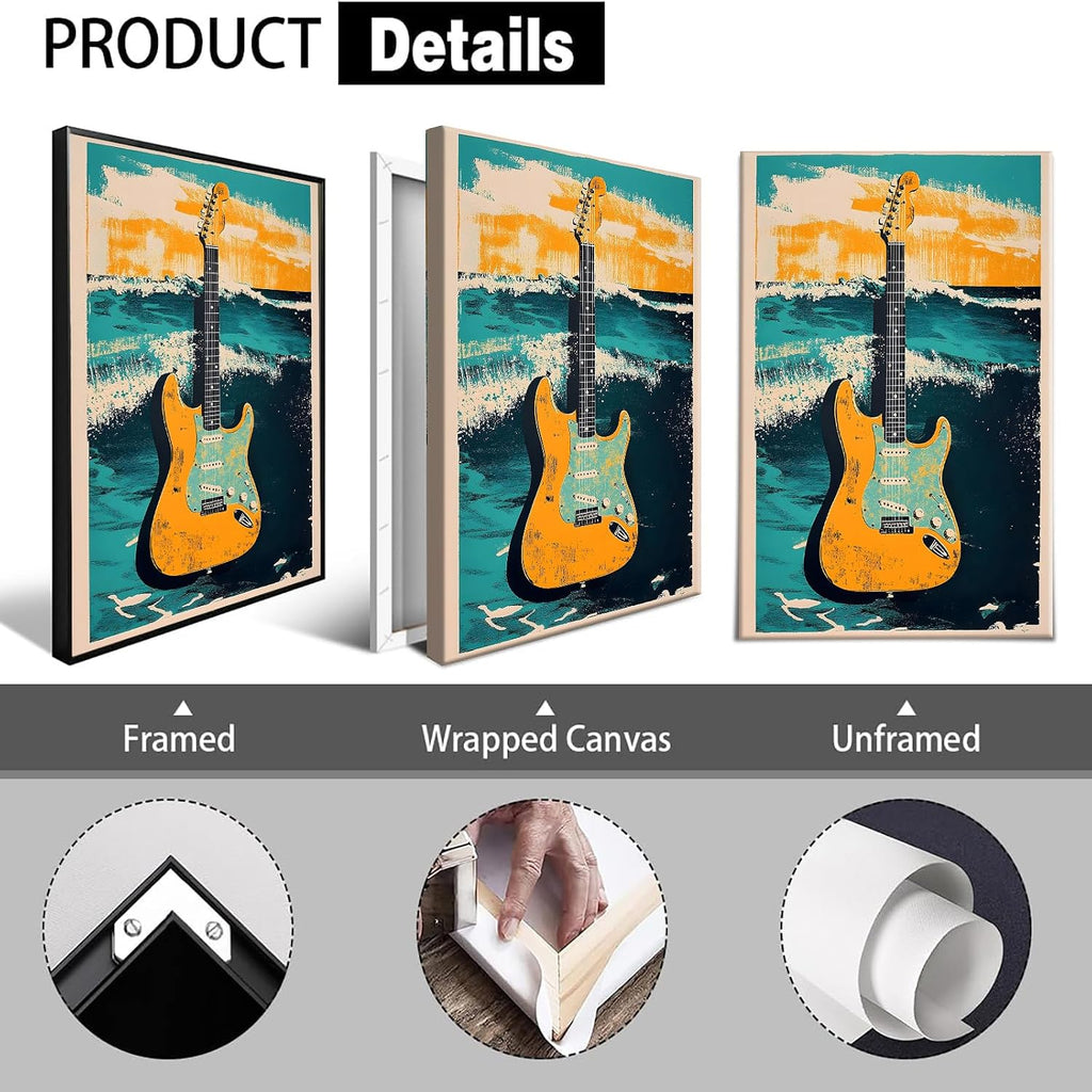 Vintage Music Guitar Poster Electric guitar on the sea Canvas Wall Art Modern Creative Watercolor Abstract Artwork Prints Painting For Living Room Bedroom Office Wall Decor 24x36in Framed