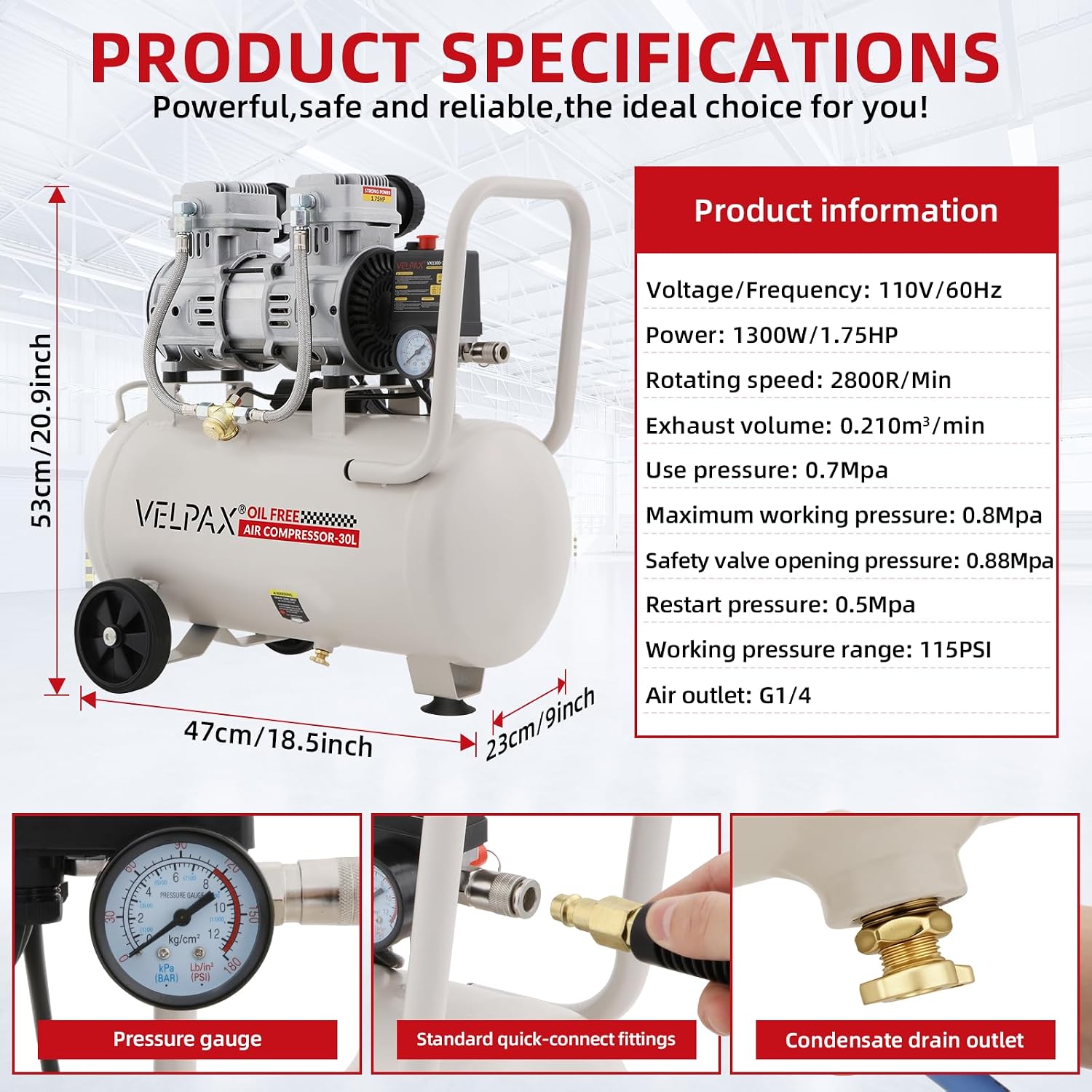 Ultra Quiet Air Compressor, Only 68dB, 8 Gallon Tank, Oil-Free, 110V/60Hz 1.75HP, 7.42CFM@115PSI, Air Compressor Perfect for Spray Painting, Auto Repair, Tire inflation, Woodwork nailing