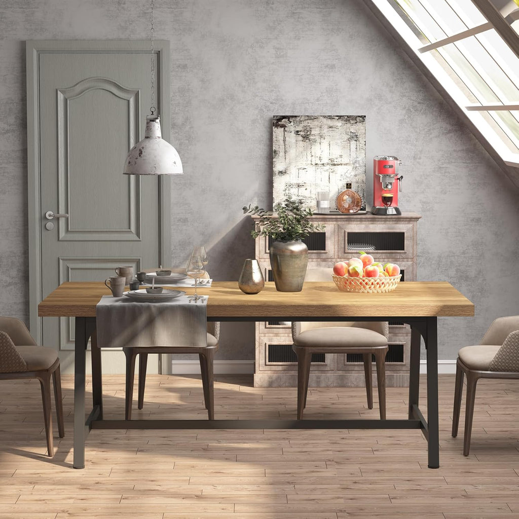 Tribesigns Dining Table for 8 People, 70.87-inch Rectangular Wood Kitchen Table with Strong Metal Frame, Vintage Large Long Dining Room Table for Big Family (Yellow Brown)