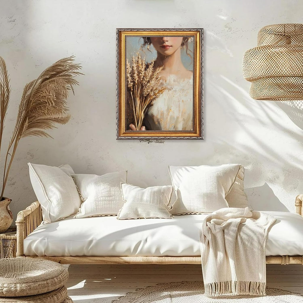 Large Framed Victorian Girl Portrait Painting Vintage Woman Holding Wheat Canvas Wall Art Print Classic European Farm Aesthetic Poster Rustic Romantic Picture Decor for Bedroom Living Room 24x36inch