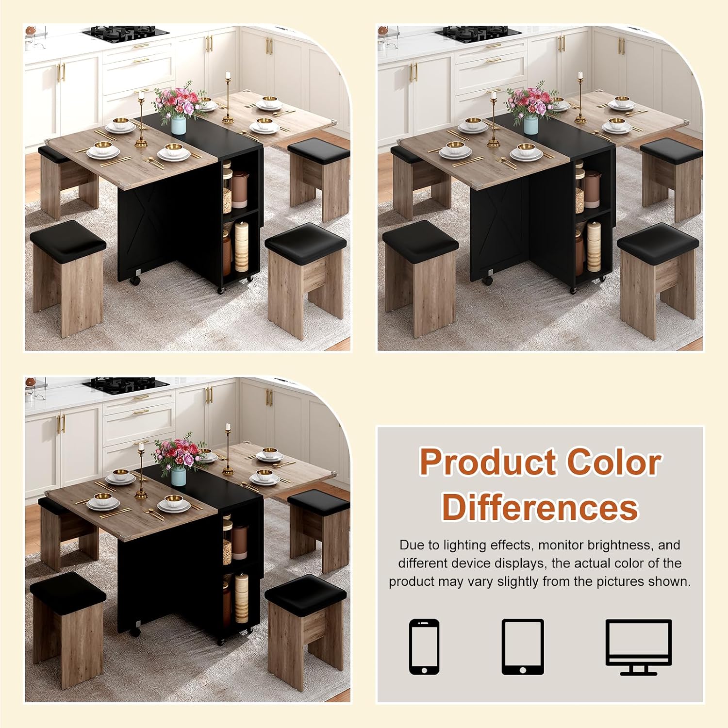 5 PCS Farmhouse Dining Table Set for 4,60' Large Folding Dining Table Set w/ 4 Leather Chairs, Drop Leaf Foldable Kitchen Table for Small Spaces,Barn Door Design,6 Wheels,2-Layer Storage Shelf,Black