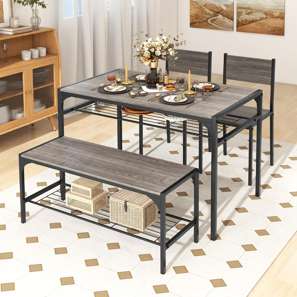 COSTWAY 4 Pieces Dining Table Set, Kitchen Table and 2 Chairs for 4 with Bench, Storage Racks, Metal Frame & Space-saving Design, Industrial Kitchen Table Set for Small Space, Apartment (Black & Grey)