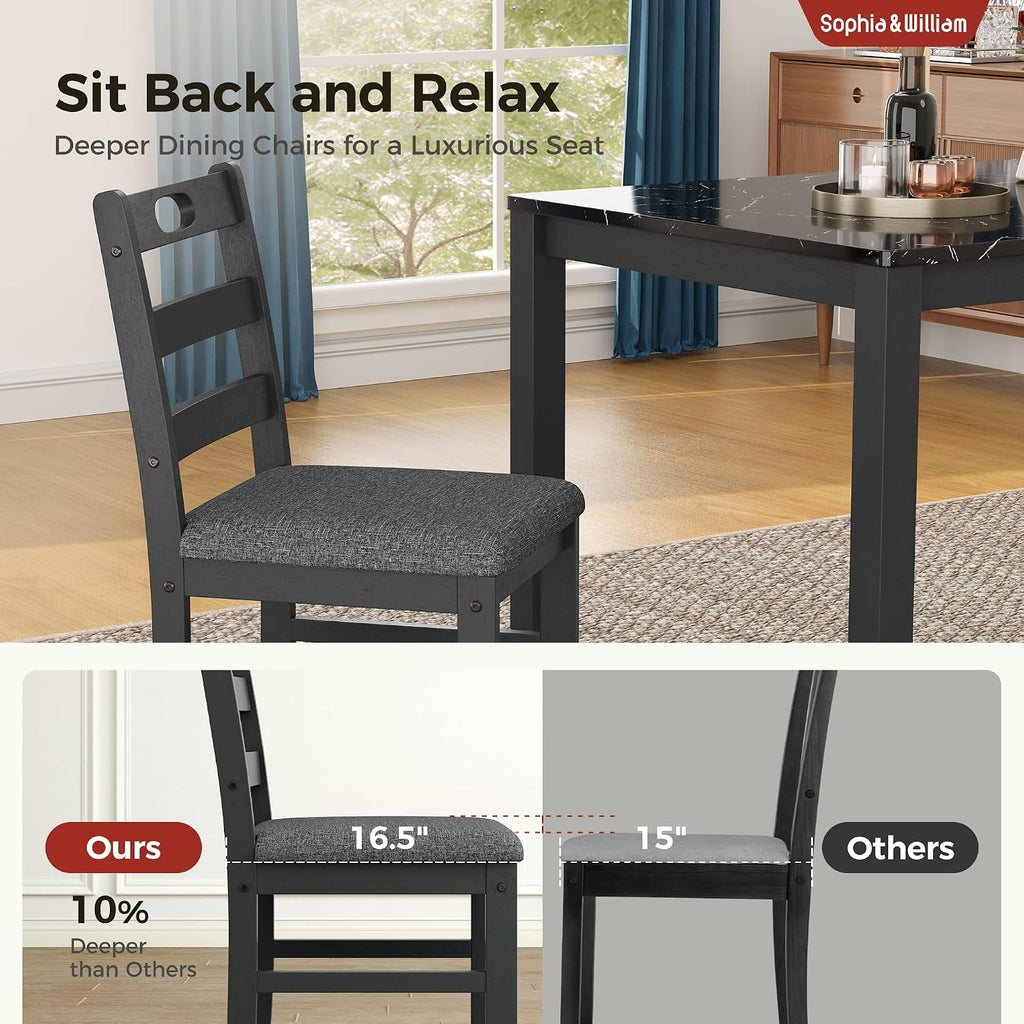 Sophia & William 5 Piece Dining Table Set for 4, Faux Marble Kitchen Table and Chairs Set, Solid Wood Farmhouse Dinner Table Set,Veined Black Marble & Gray
