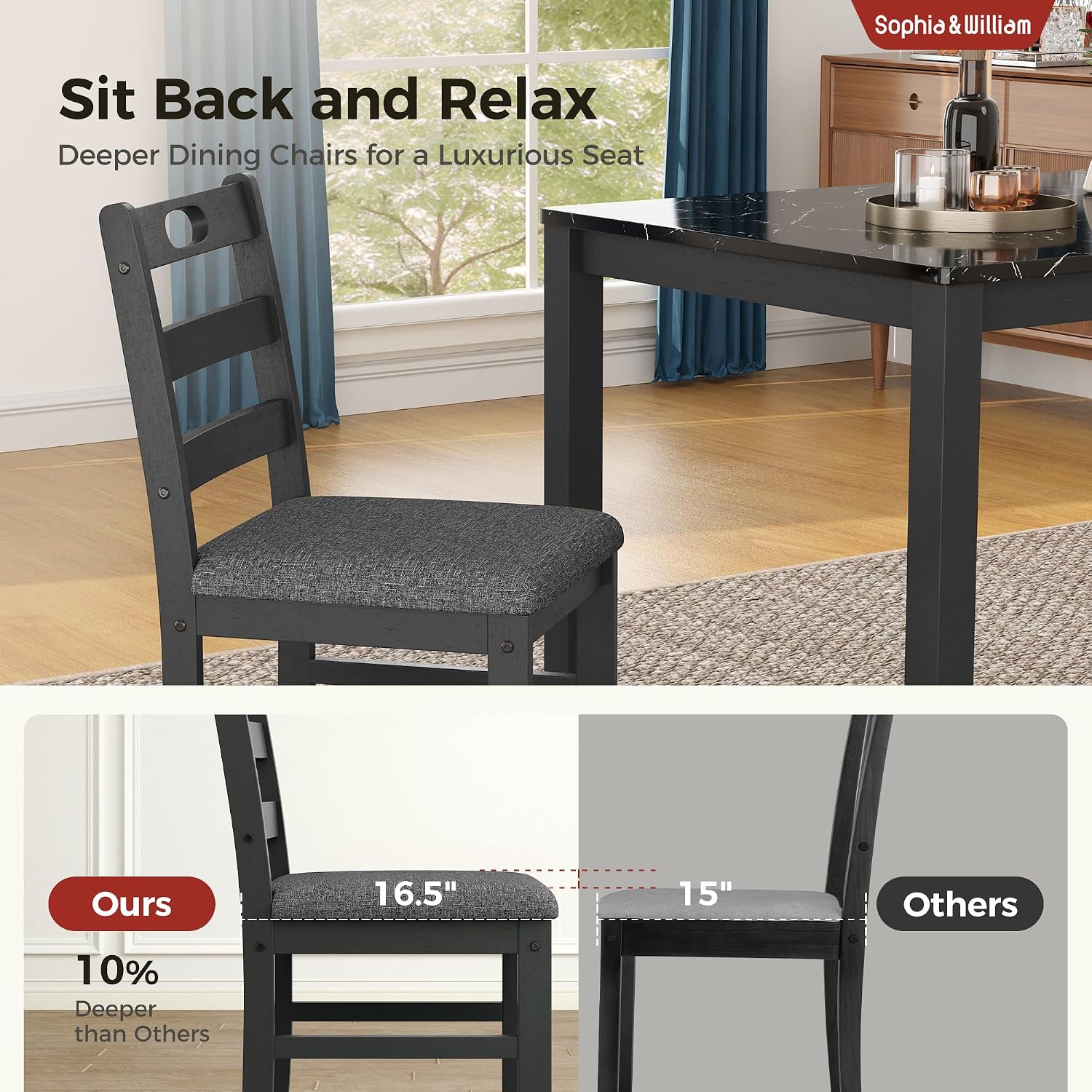 Sophia & William 5 Piece Dining Table Set for 4, Faux Marble Kitchen Table and Chairs Set, Solid Wood Farmhouse Dinner Table Set,Veined Black Marble & Gray