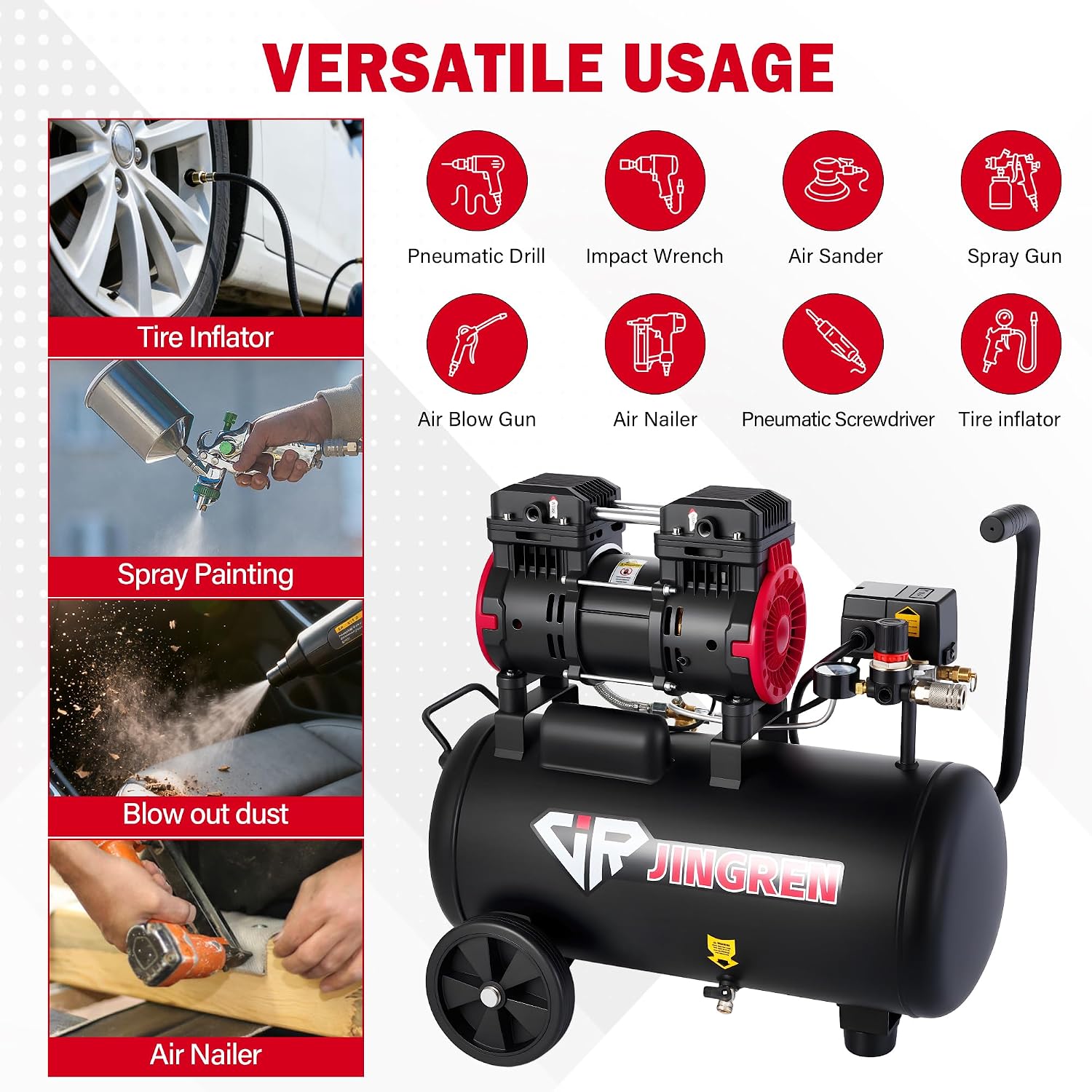 8 Gallon Quiet Oil Free Air Compressor With Air hose, Only 68dB, 2HP | Oilless Quiet Air Compressor, 4.2CFM, Max 120 PSI, 8 Gallon Air Tank for Car Repair, Spray Painting, Nailing With Air Hose
