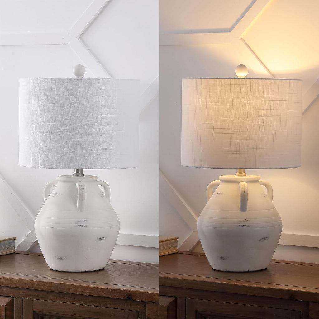 JONATHAN Y 20.5' White Ceramic Pottery Jar Table Lamp Set of 2 for Bedroom Living Room, Rustic Coastal French Country Cottage Style, White Linen Shade, LED Bulbs Included JYL5502A-SET2