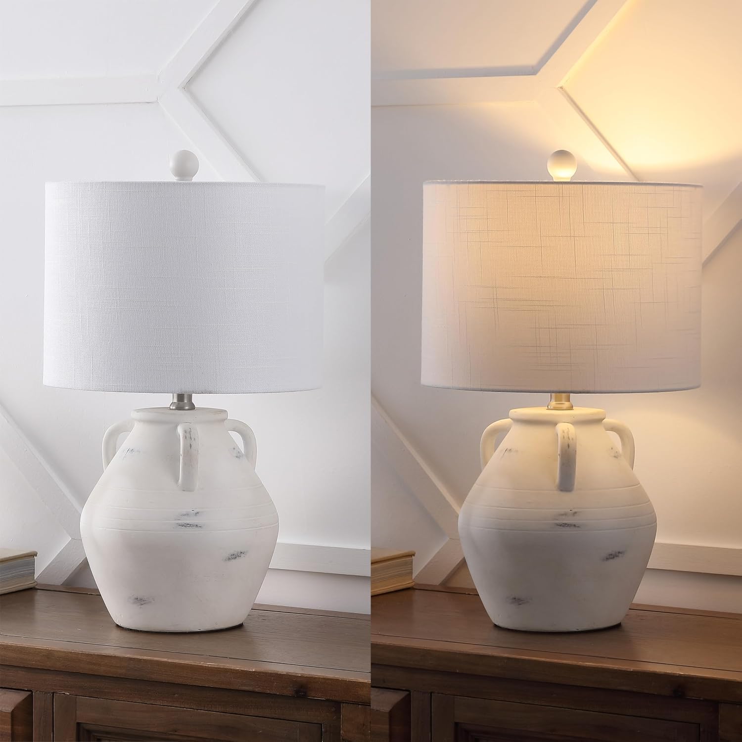 JONATHAN Y 20.5' White Ceramic Pottery Jar Table Lamp Set of 2 for Bedroom Living Room, Rustic Coastal French Country Cottage Style, White Linen Shade, LED Bulbs Included JYL5502A-SET2