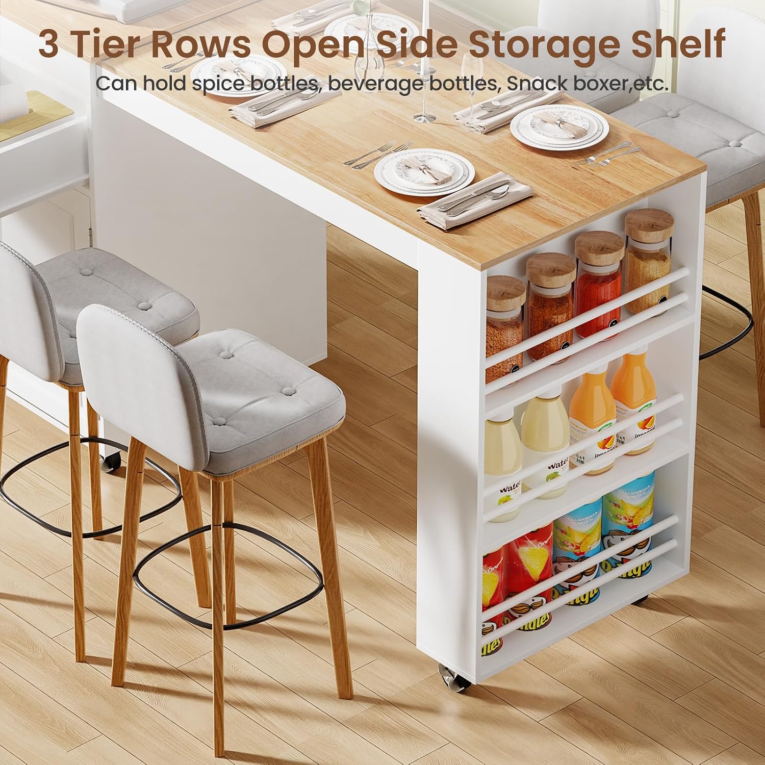 83' Expandable Kitchen Island on Wheels with Storage & Dining Table, Mobile Kitchen Cart with Cabinet, 3 Shelves & Drawers, Black (Extends from 48.4' to 82.6') (White)