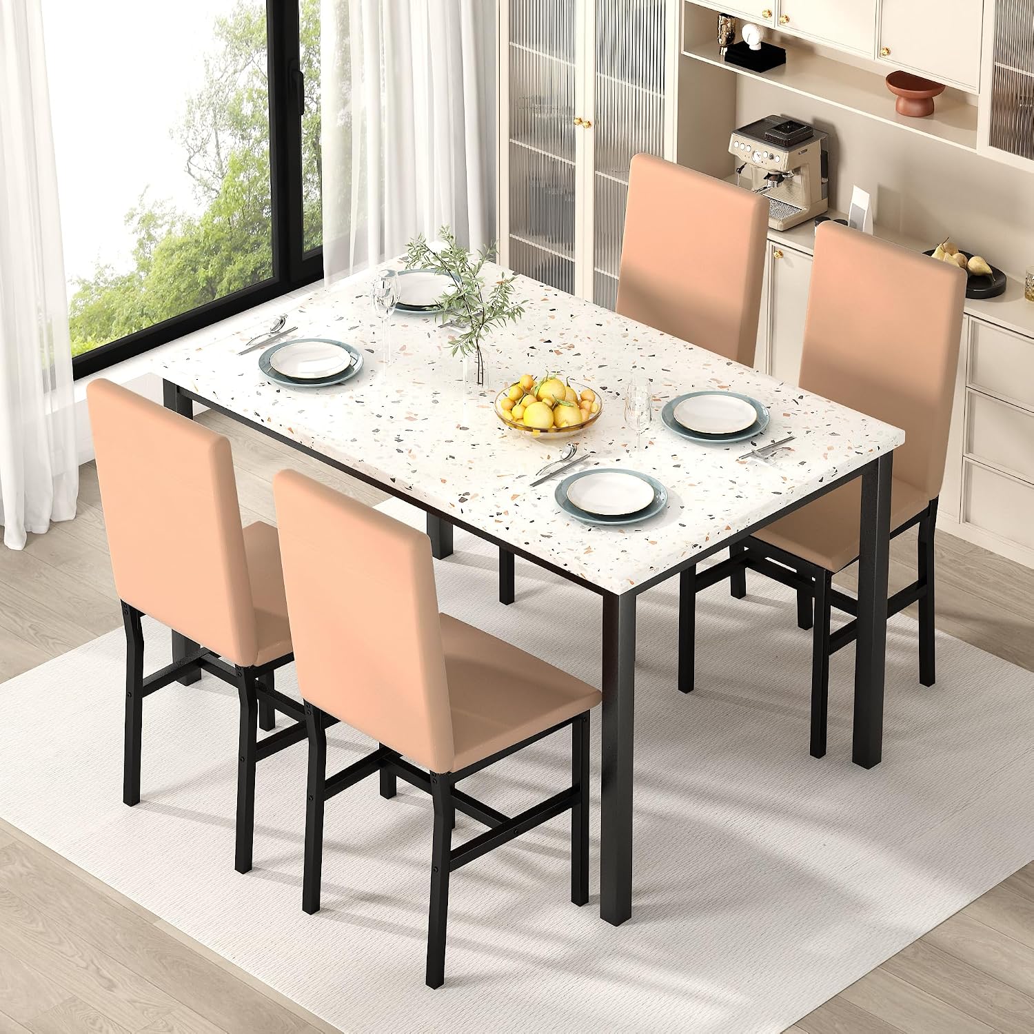 Hooseng 5 Piece Dining Table Set for 4, Small Faux Marble Kitchen Table with 4 PU Leather Chairs, Modern Dining Room Table Set for Small Space, Breakfast Nook, Dinette