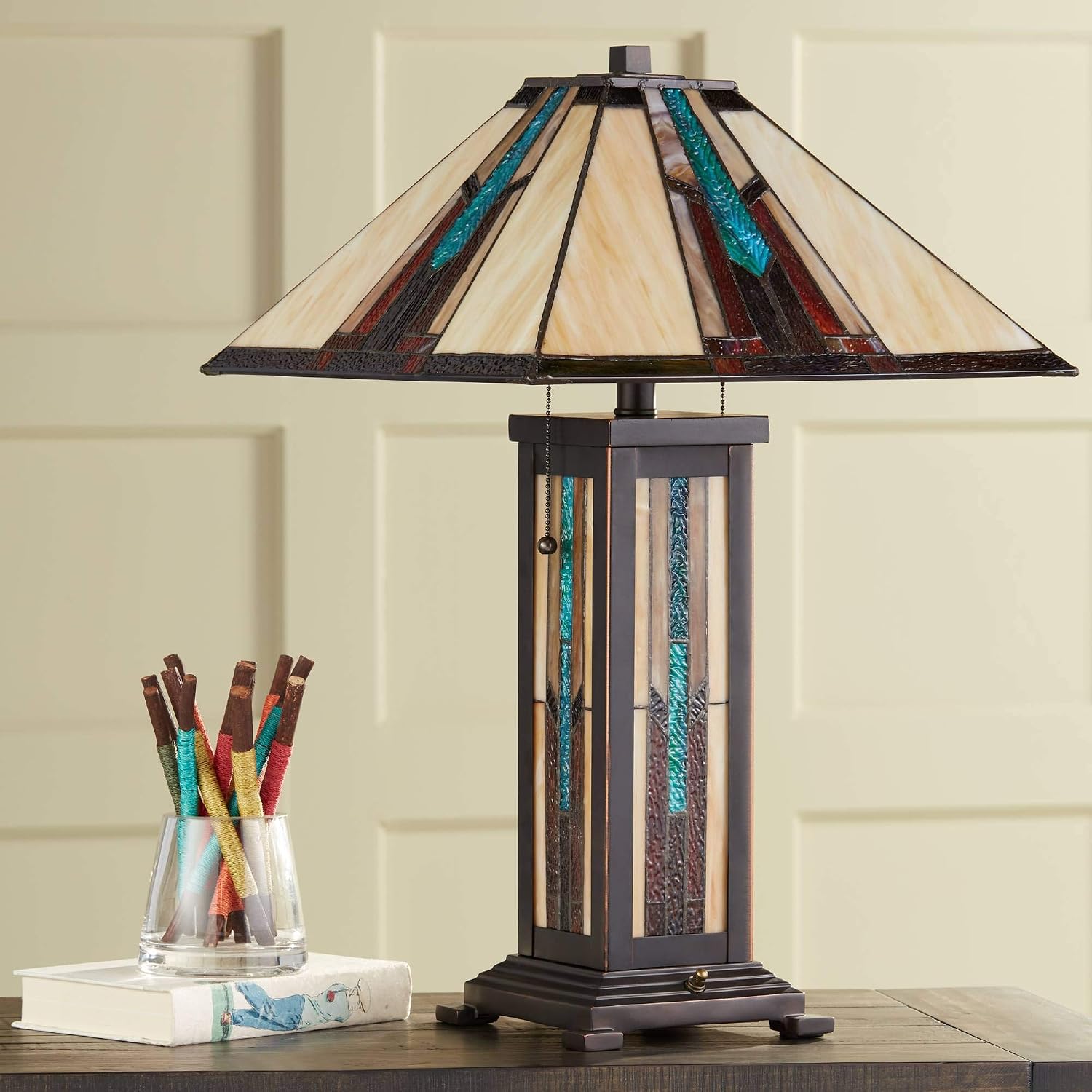 Robert Louis Tiffany Ranier Mission Tiffany Style Table Lamp with Nightlight 25' High Bronze Brown Antique Stained Art Glass for Cottage Core Living Room Bedroom House Bedside Nightstand Home Family